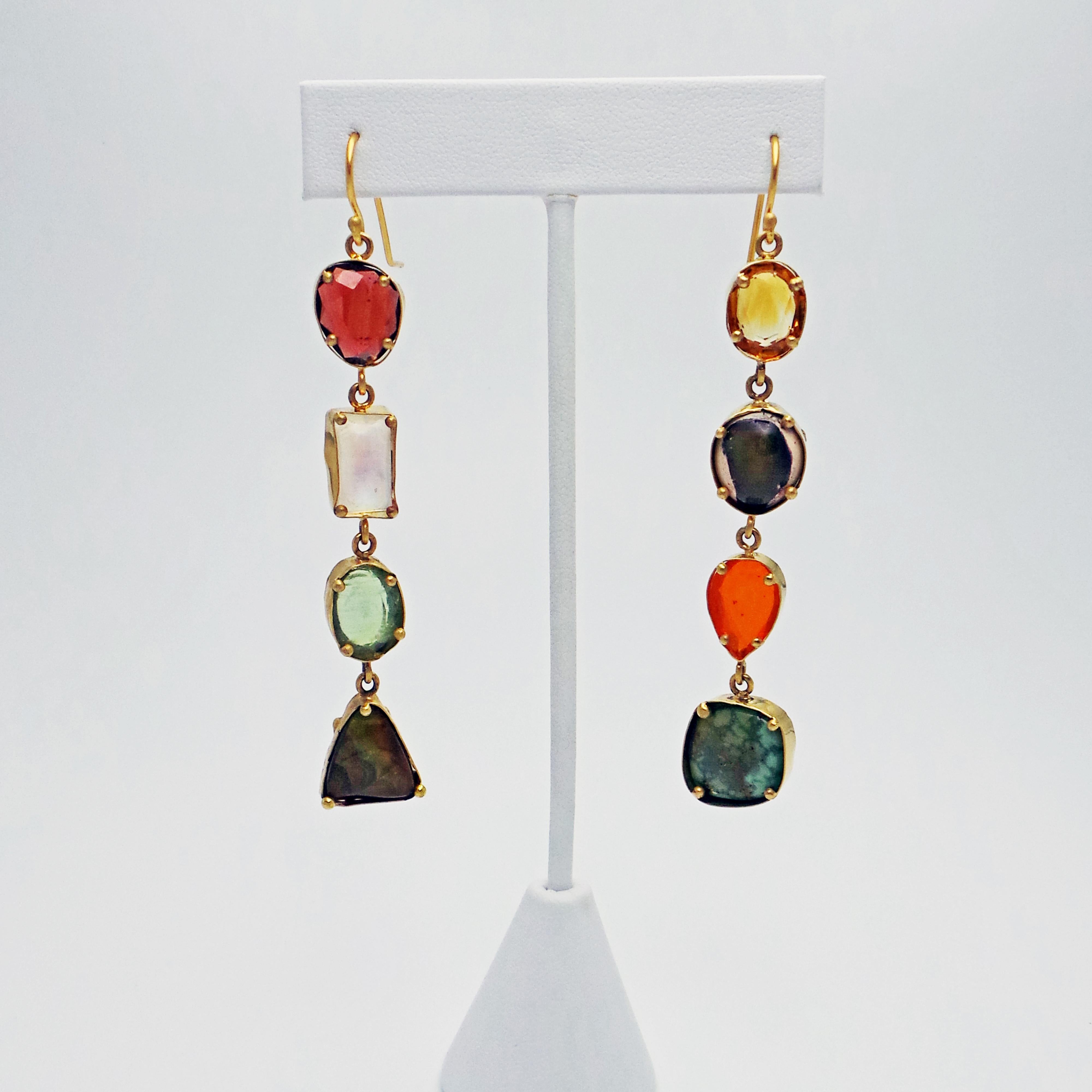 Contemporary Moonstone, Garnet, Turquoise, Peridot and Fire Opal Asymmetrical Dangle Earrings For Sale