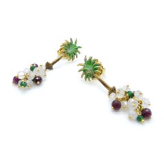 Moonstone Garnets Chrysoprases Palm Tree Enamel Gold Plated Earring