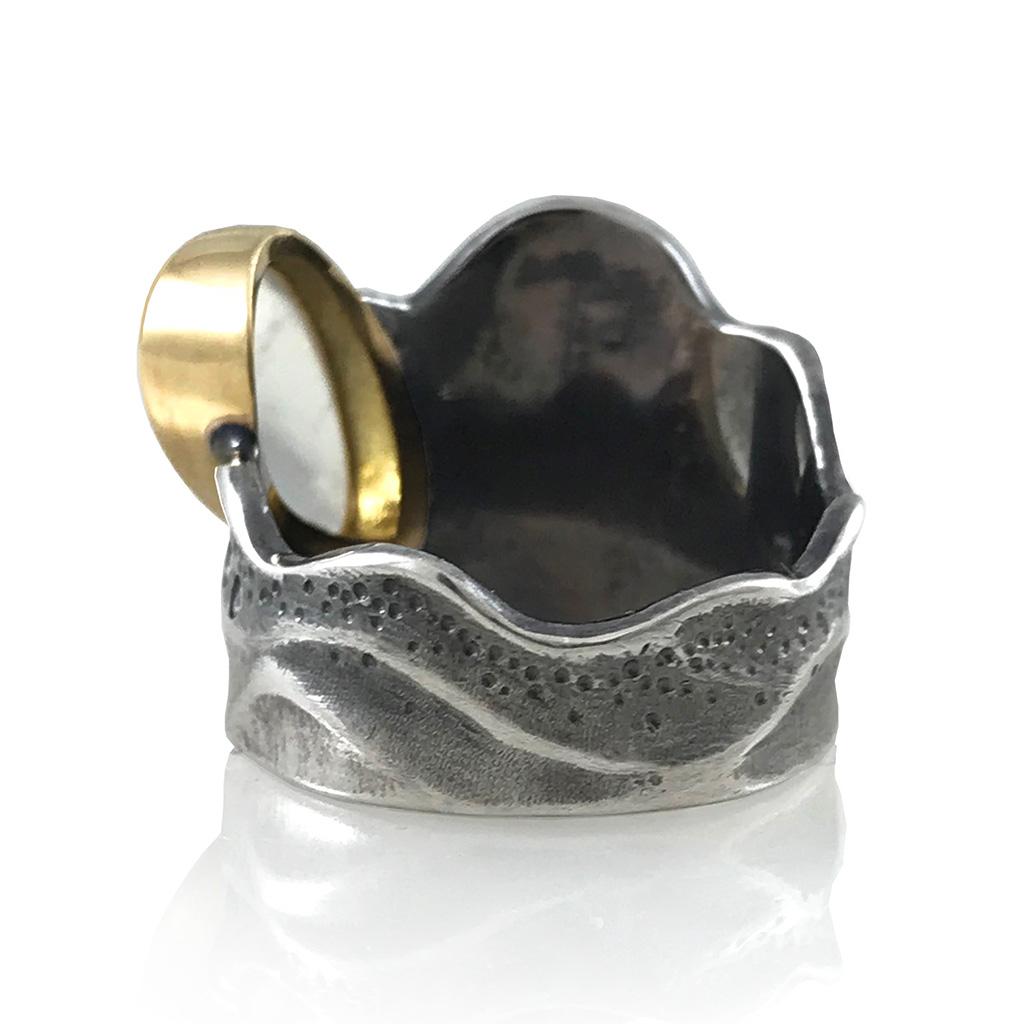 Contemporary Moonstone Gold and Oxidized Sterling Silver Ring with Diamond Accents by K.MITA For Sale