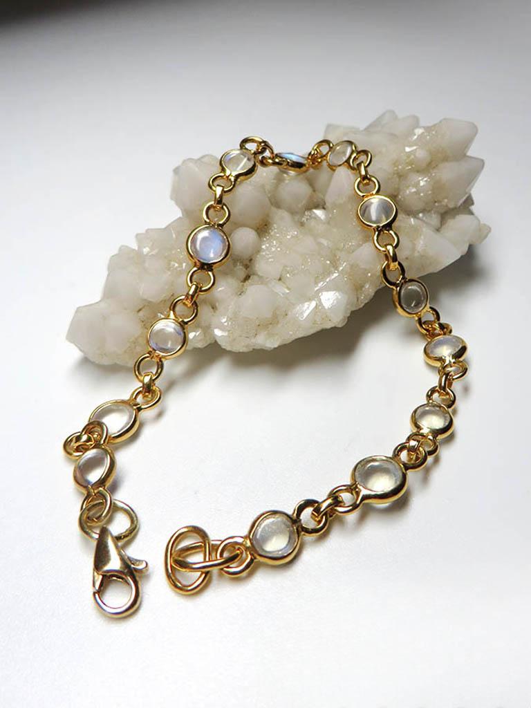 Moonstone Gold Bracelet Magic Blue Shimmer Cabochon Clear Gems Unisex For Sale 5