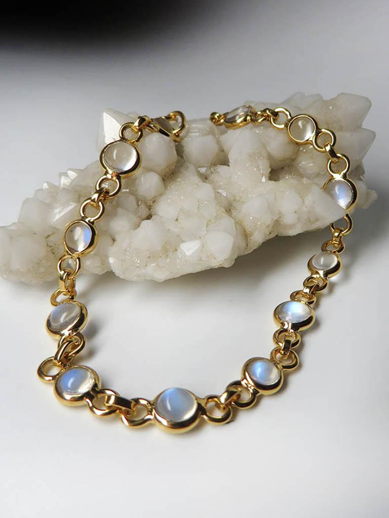 Moonstone Gold Bracelet Magic Blue Shimmer Cabochon Clear Gems Unisex For Sale 6
