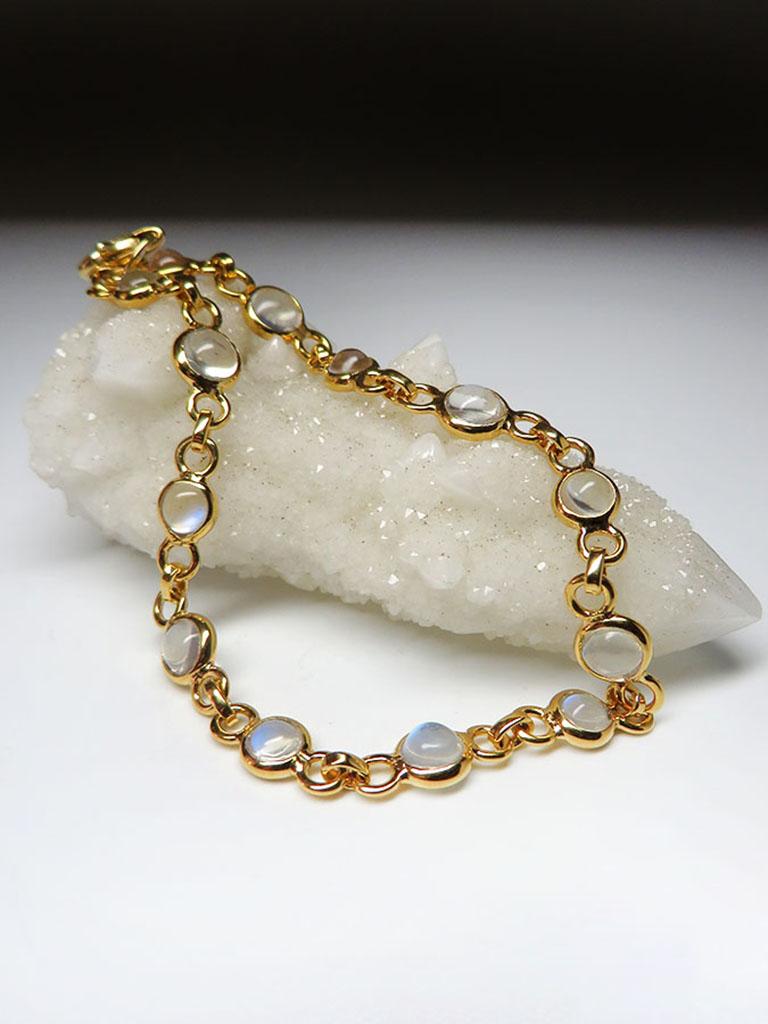 Moonstone Gold Bracelet Magic Blue Shimmer Cabochon Clear Gems Unisex For Sale 2