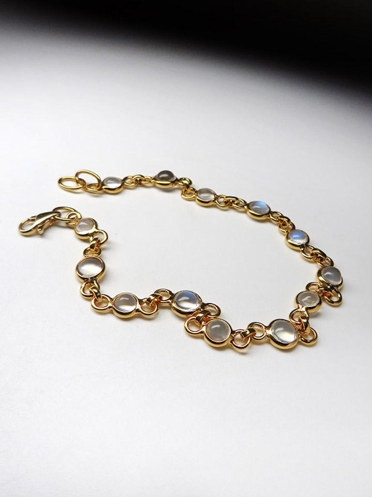 Moonstone Gold Bracelet Magic Blue Shimmer Cabochon Clear Gems Unisex For Sale 3