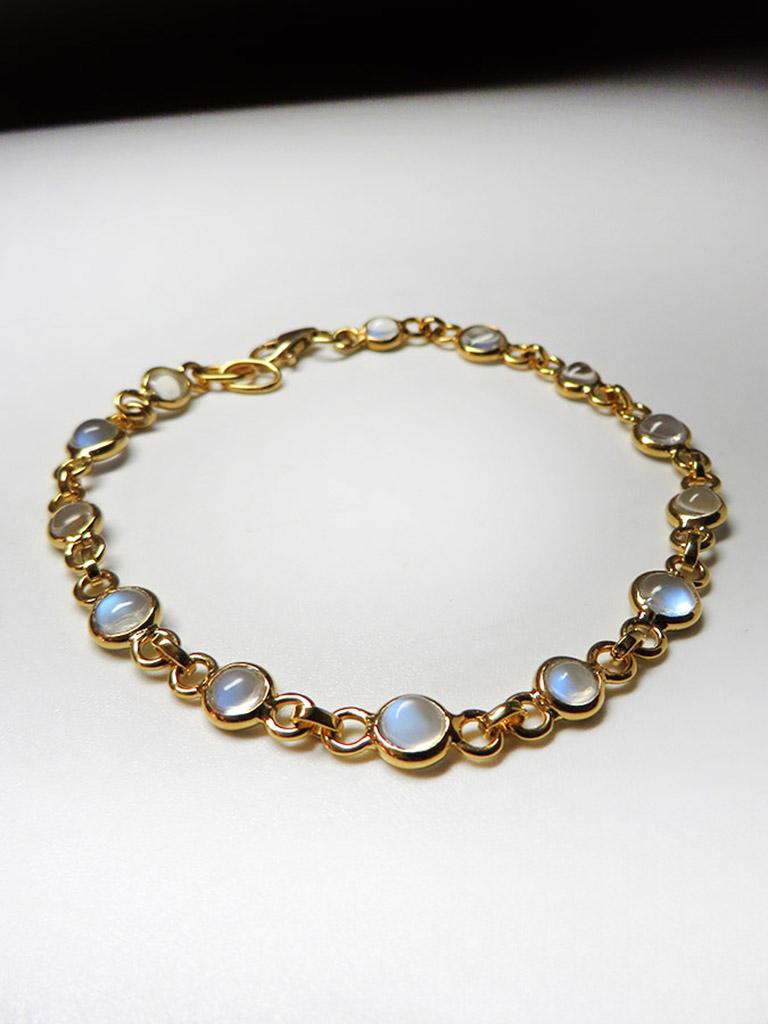 Moonstone Gold Bracelet Magic Blue Shimmer Cabochon Clear Gems Unisex For Sale 4