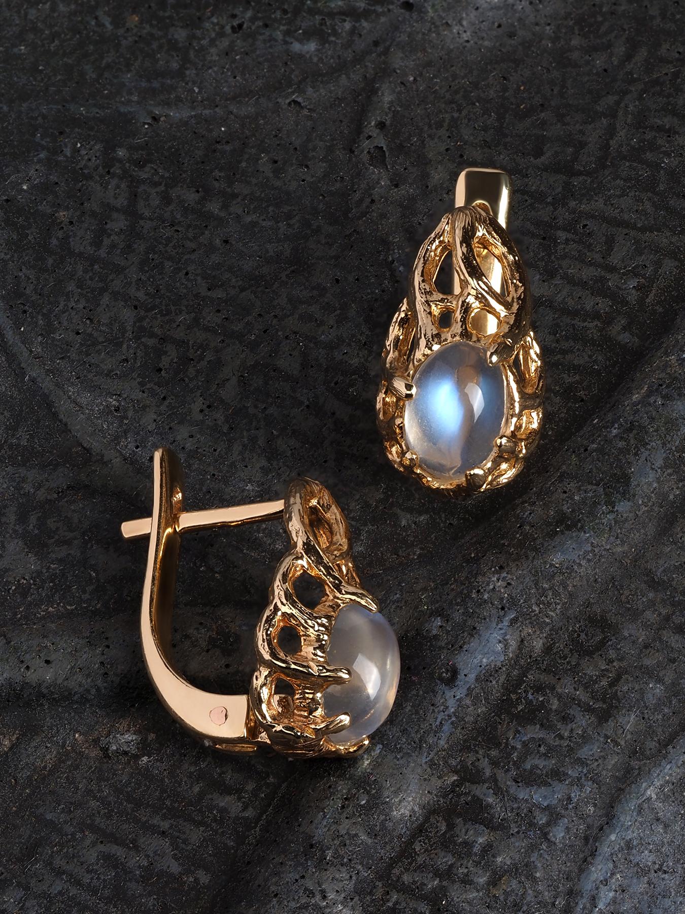 Cabochon Moonstone Gold Earrings Studs Contemporary Style Magic Tree Collection For Sale