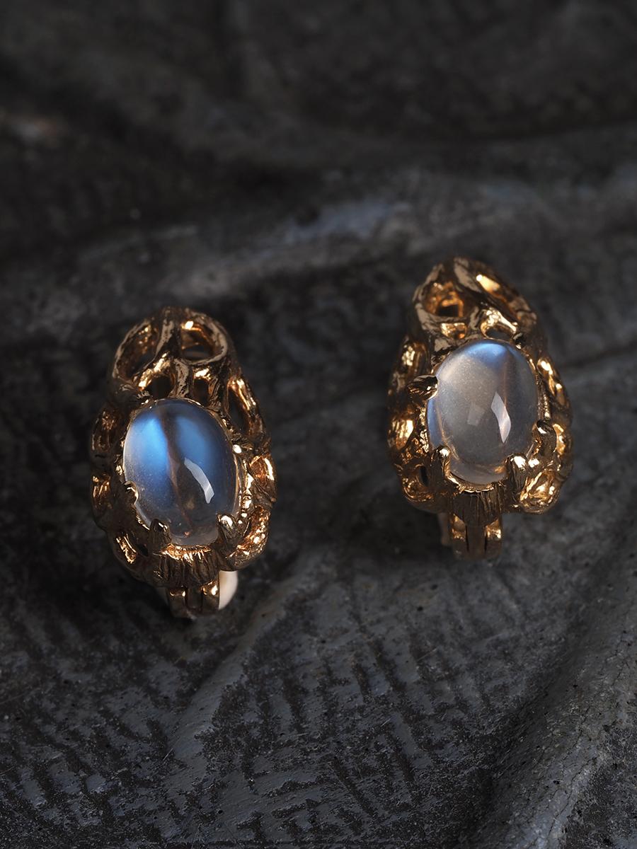 Moonstone Gold Earrings Studs Contemporary Style Magic Tree Collection In New Condition For Sale In Berlin, DE