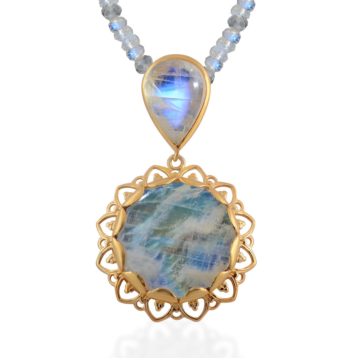 Cabochon Moonstone Gold Plate Statement Pendant For Sale