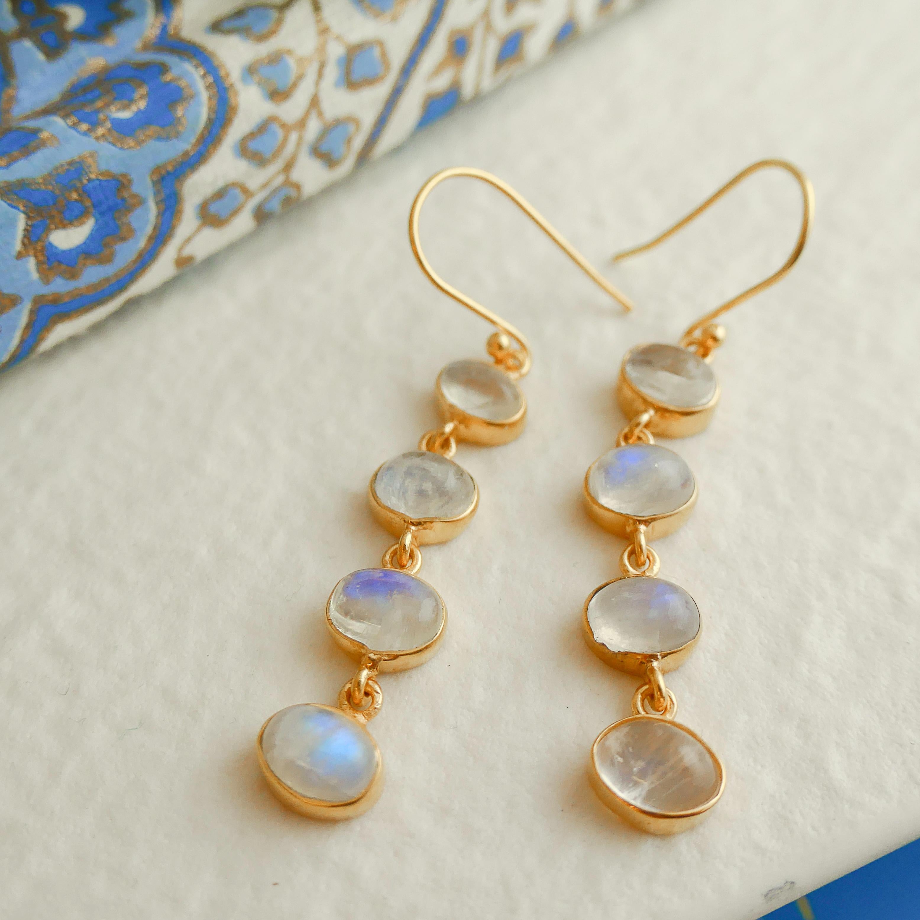 4x6mm cabochon moonstone are set in gold plated sterling silver. Length is 6cm
