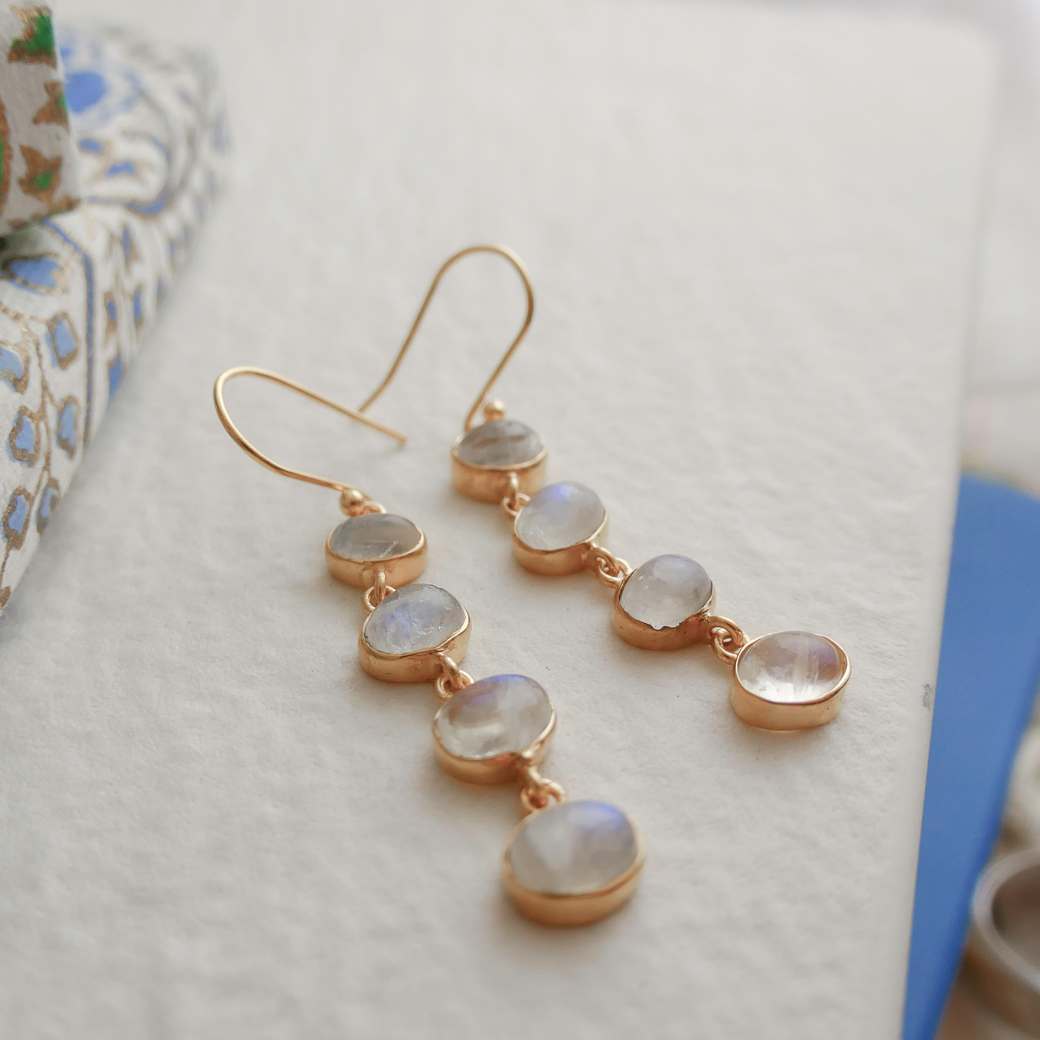Oval Cut Moonstone Gold Plated Sterling Silver Drop Earrings For Sale