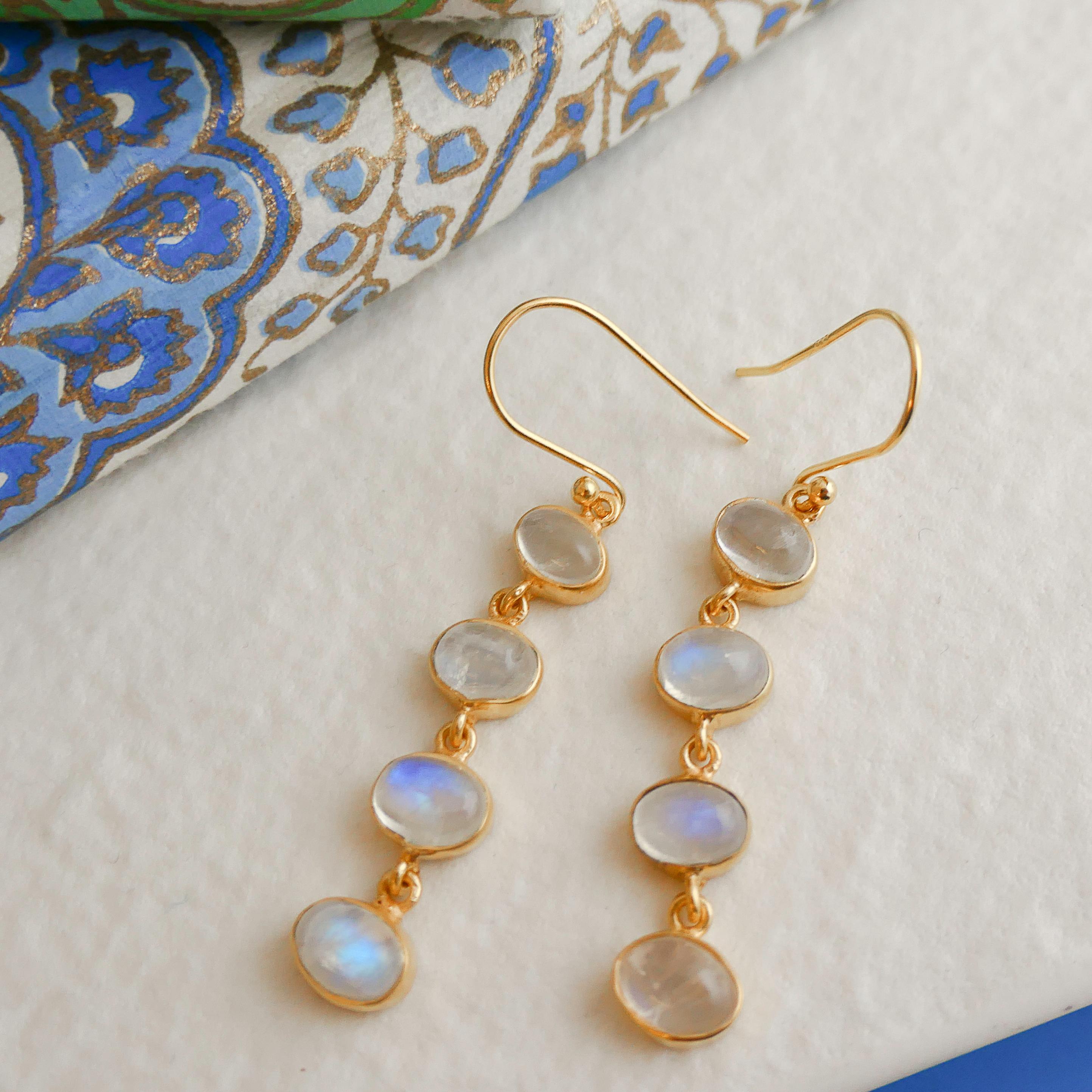 Women's Moonstone Gold Plated Sterling Silver Drop Earrings For Sale