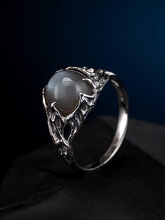 Moonstone Gold Ring Natural Madagascar Cabochon Fossil Grey Mens Ring Art Nouvea