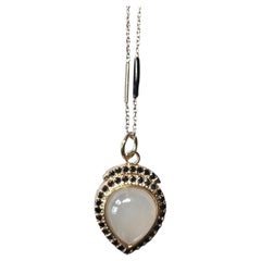 Moonstone Heart Pendant Necklace Black Diamond Black Enamel