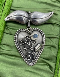 Moonstone Heart Pendant Pin Brooch Sterling Silver Antique Mid-Century Modern