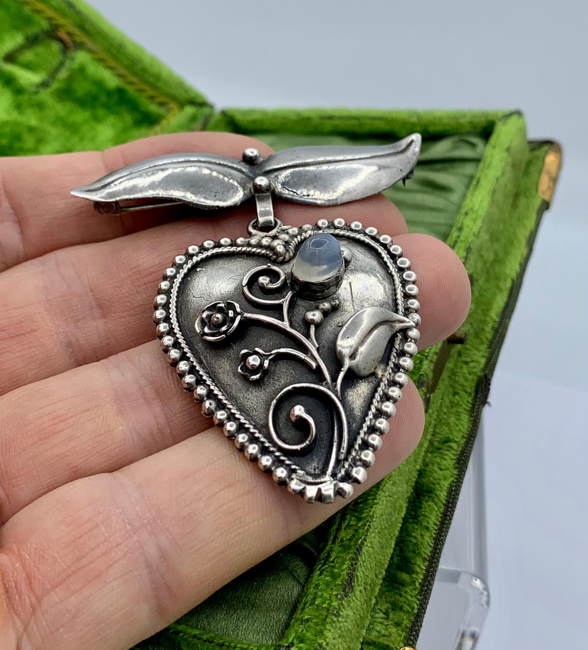 Art Nouveau Moonstone Heart Pendant Pin Brooch Sterling Silver Antique Mid-Century Modern For Sale