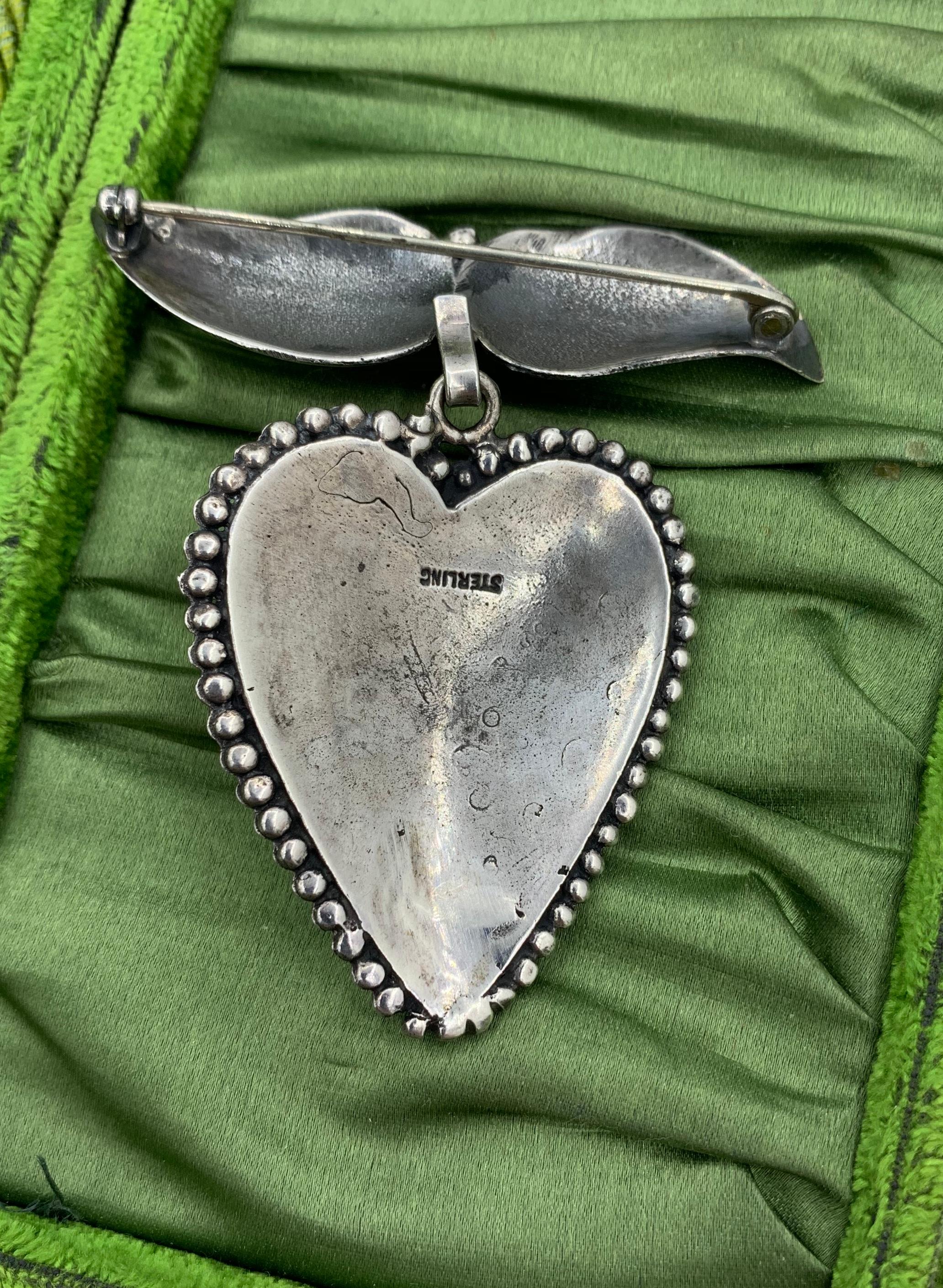 Cabochon Moonstone Heart Pendant Pin Brooch Sterling Silver Antique Mid-Century Modern For Sale