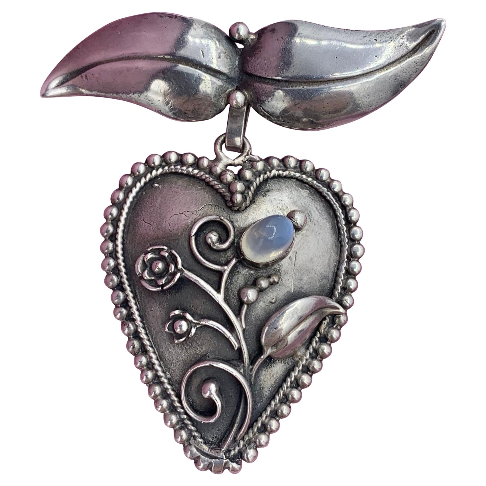 Mondstein Herz Anhänger Brosche Sterling Silber Antike Mid-Century Modern im Angebot