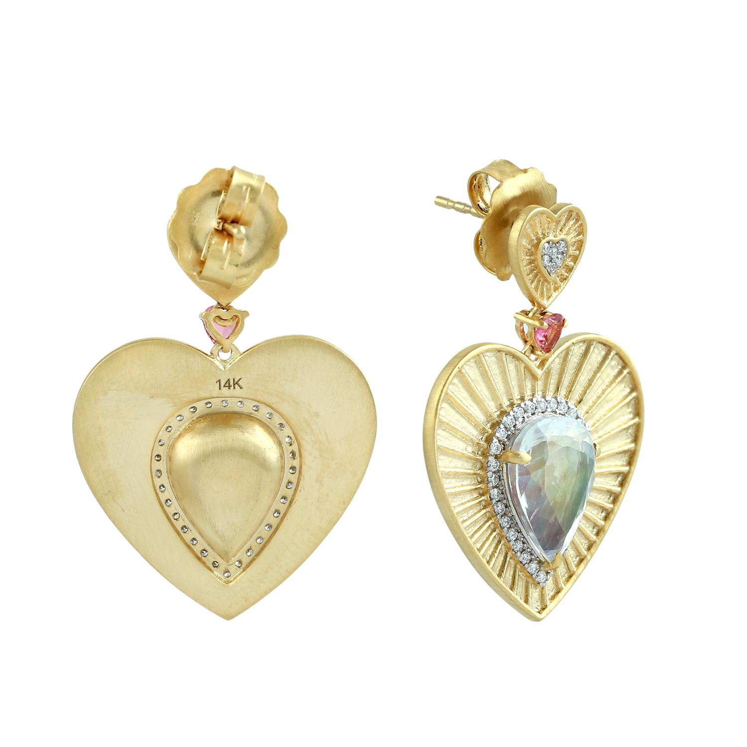 Art Deco Moonstone Heart Shaped Dangle Earrings With Tourmaline & Diamonds In 14k Gold For Sale