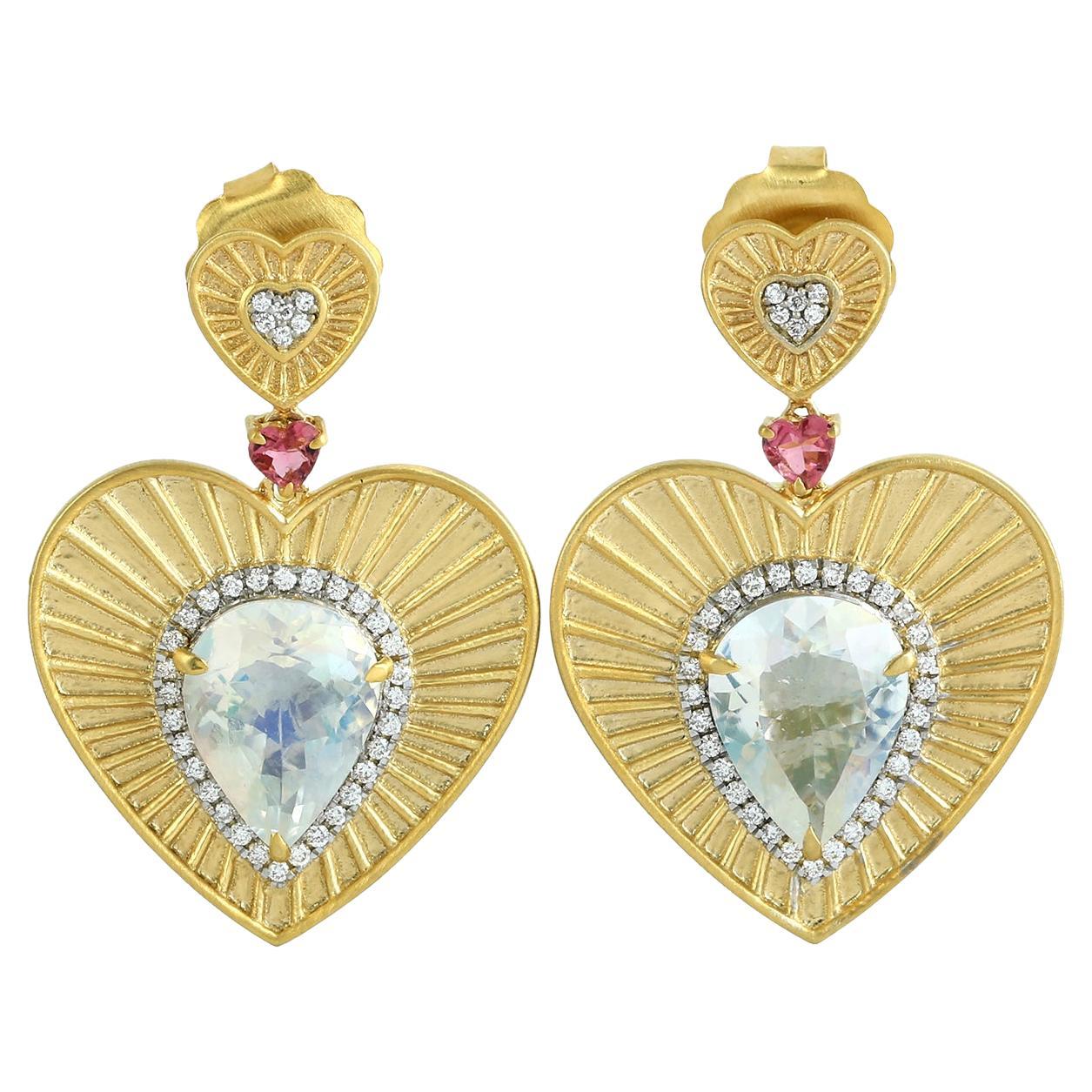 Moonstone Heart Shaped Dangle Earrings With Tourmaline & Diamonds In 14k Gold