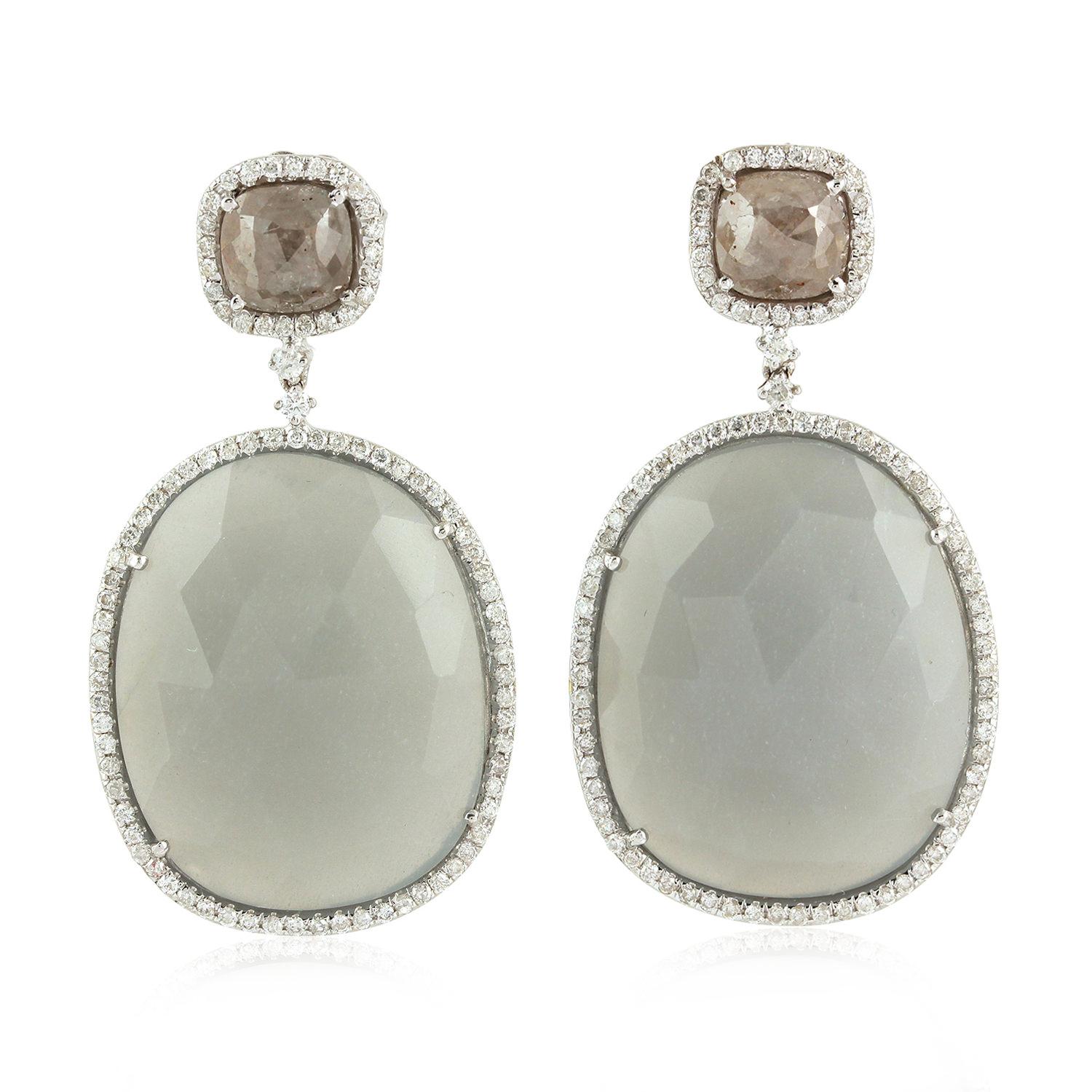 Round Cut Oval Shaped Moonstone Earrings with Ice Diamond & Pave Diamond in 18k White Gold For Sale