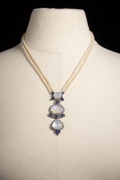 Moonstone, Kyanite, Diamond and Pearl Pendant Necklace