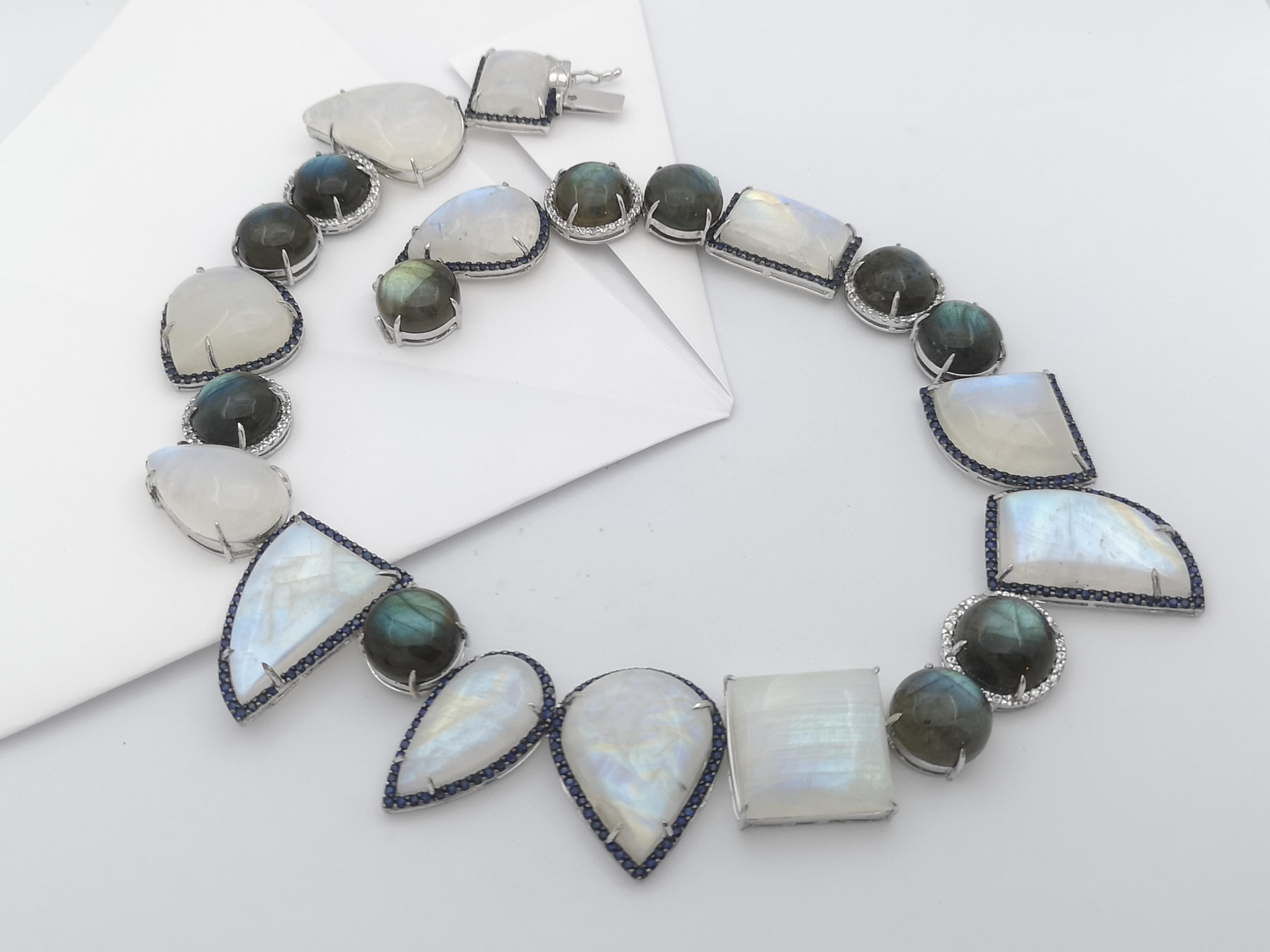 Moonstone , Labradorite, Blue Sapphire and White Sapphire Necklace set in Silver For Sale 4