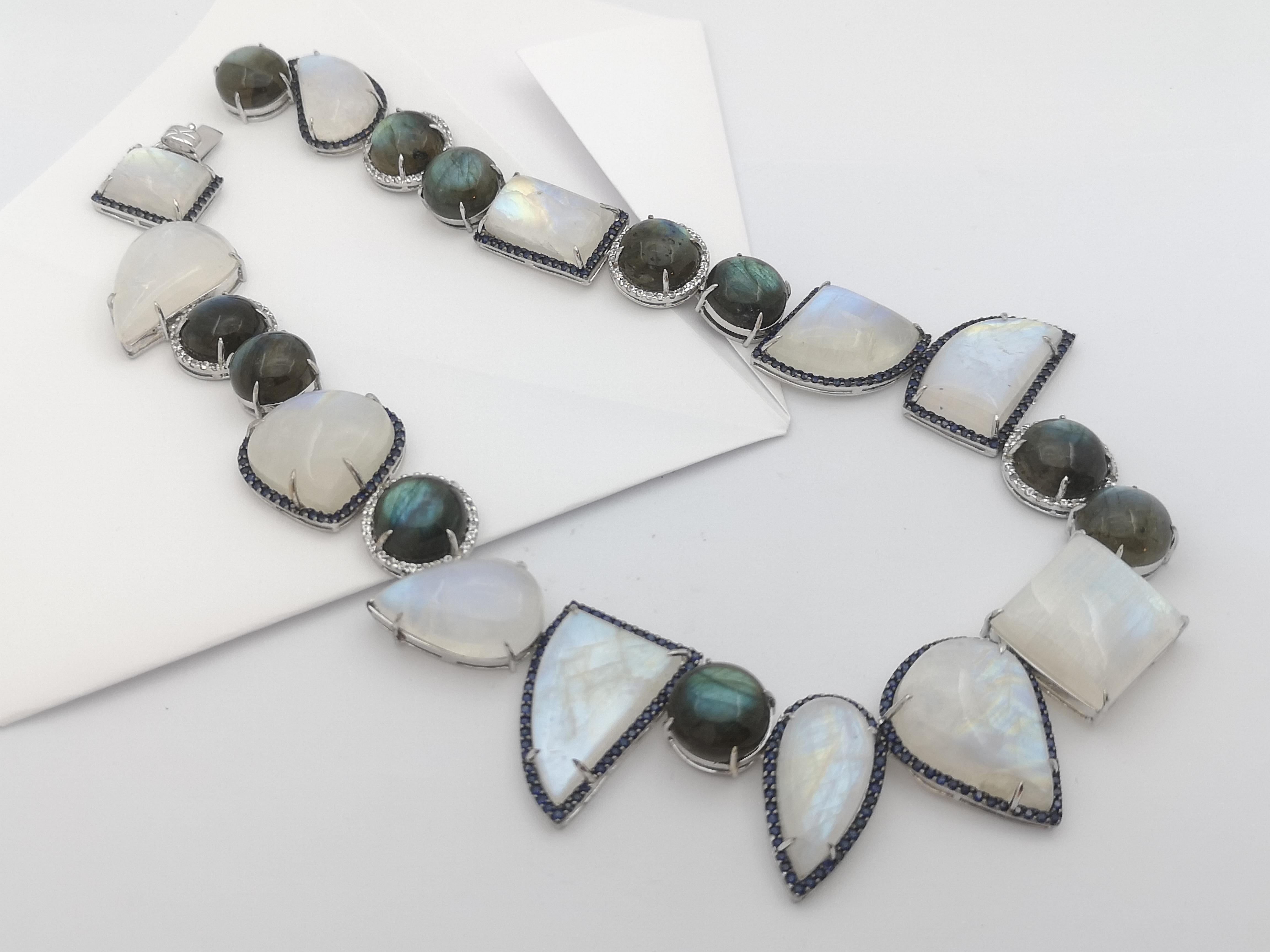 Moonstone , Labradorite, Blue Sapphire and White Sapphire Necklace set in Silver For Sale 5