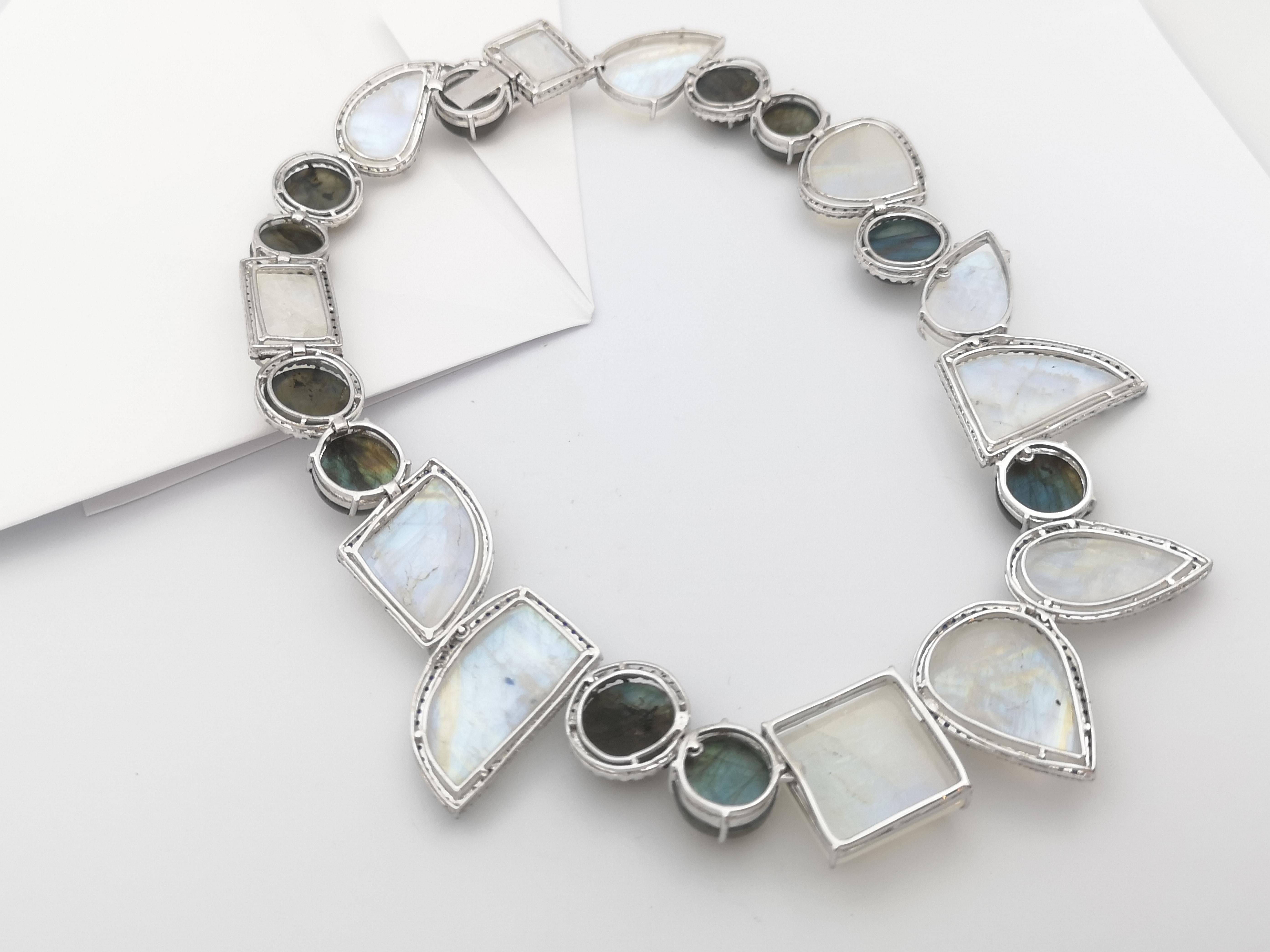 Moonstone , Labradorite, Blue Sapphire and White Sapphire Necklace set in Silver For Sale 6