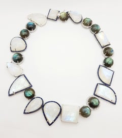 Moonstone , Labradorite, Blue Sapphire and White Sapphire Necklace set in Silver