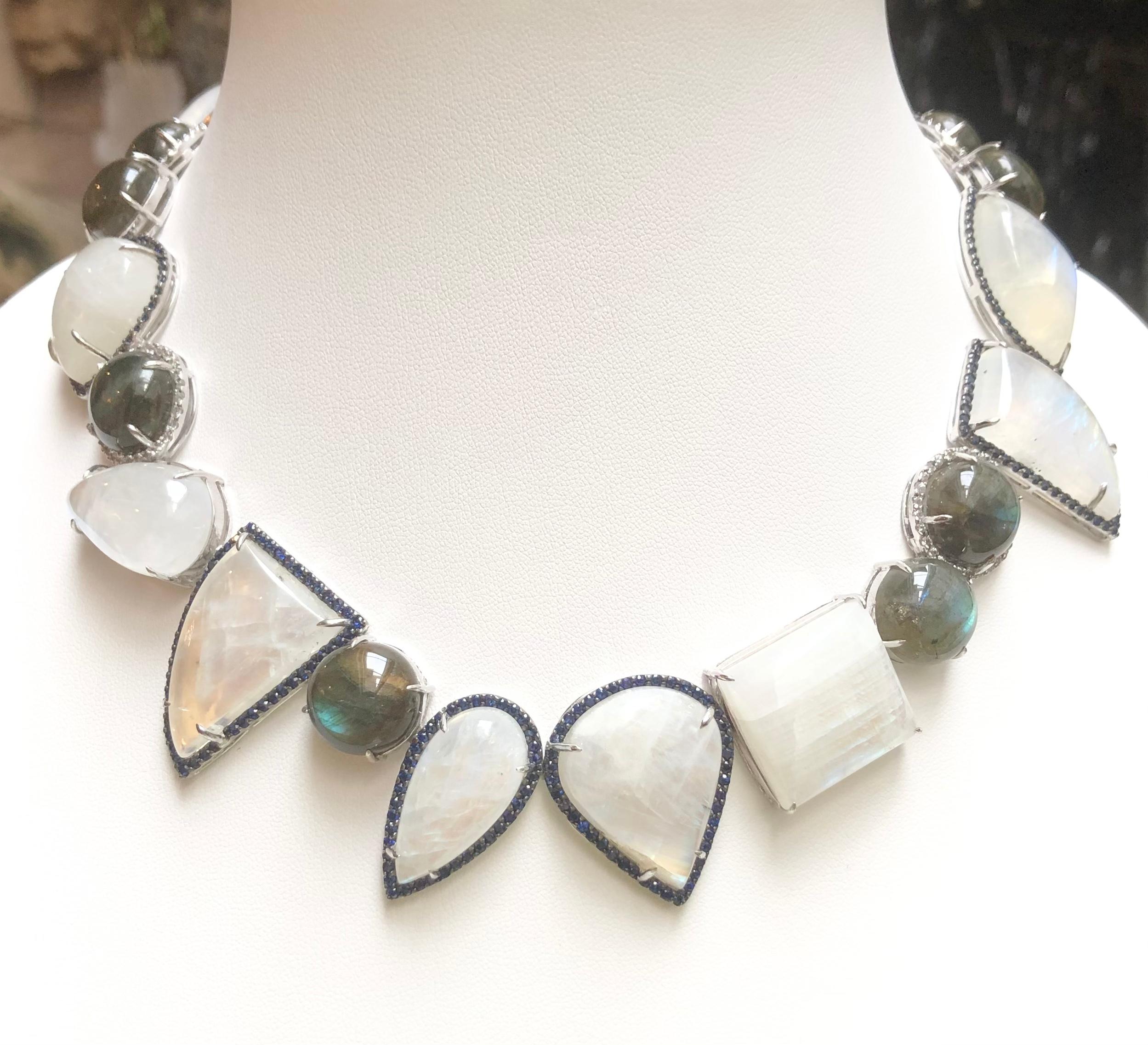 Contemporary Moonstone , Labradorite, Blue Sapphire and White Sapphire Necklace set in Silver For Sale