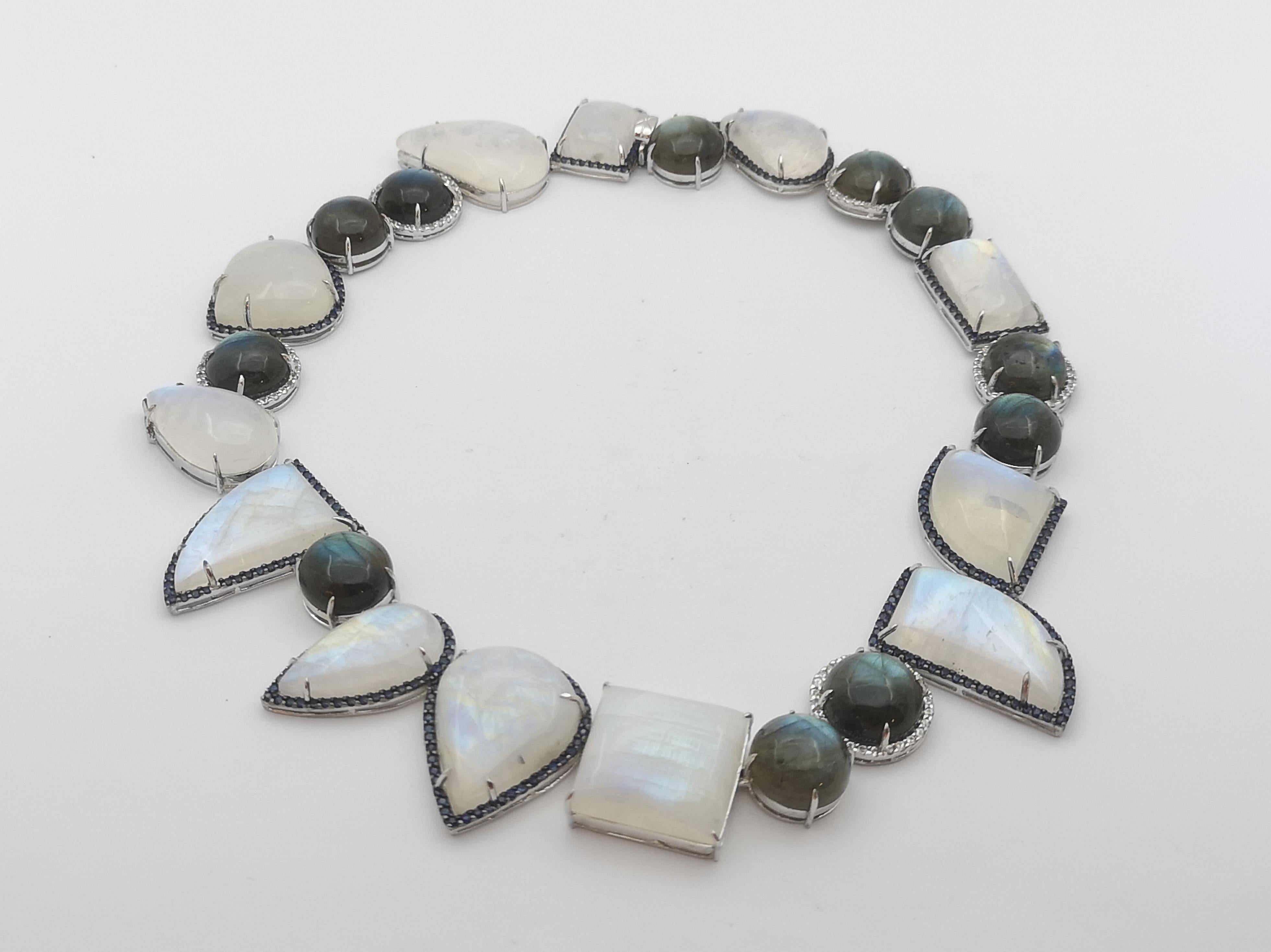 Mixed Cut Moonstone , Labradorite, Blue Sapphire and White Sapphire Necklace set in Silver For Sale