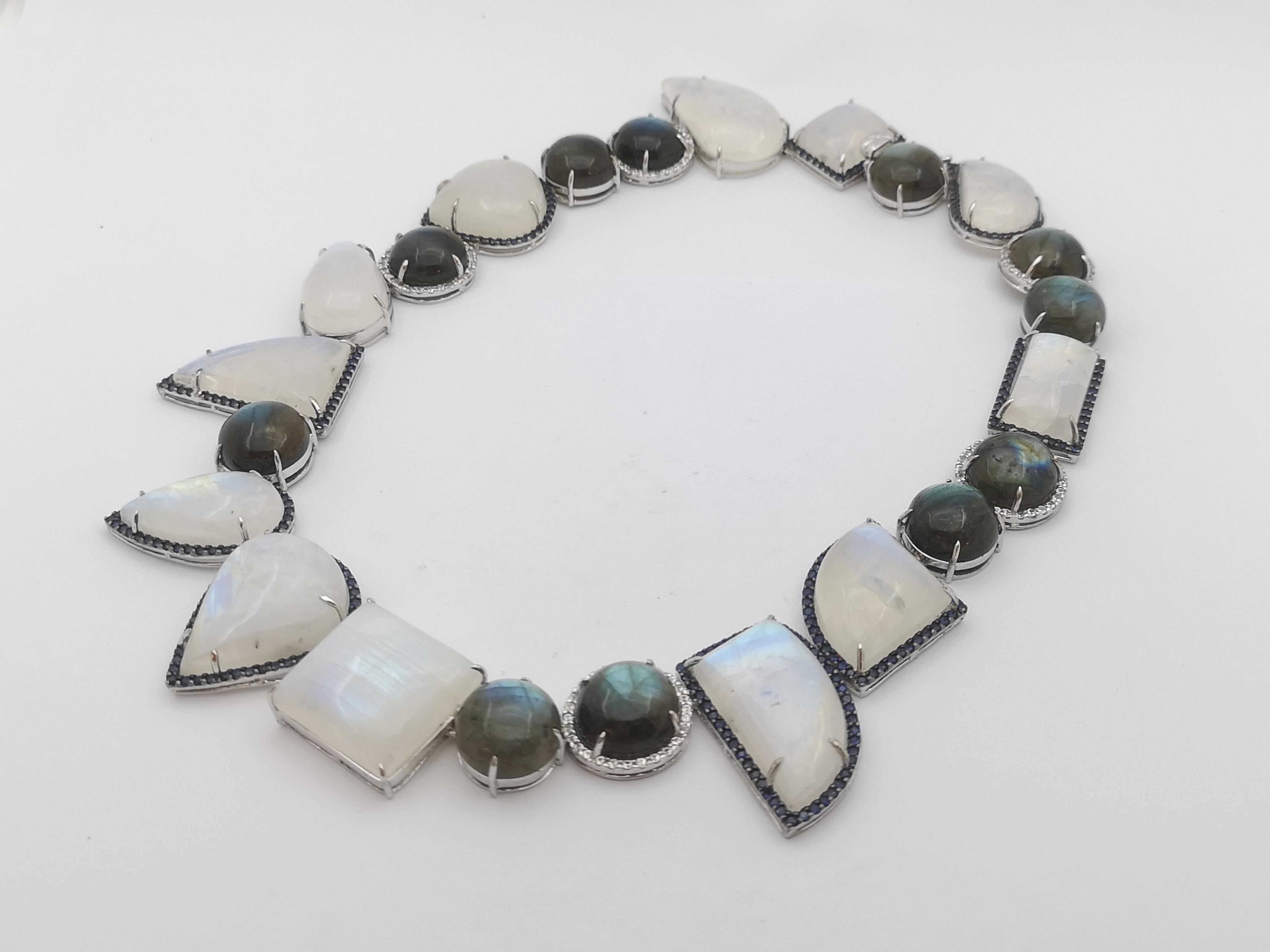 Moonstone , Labradorite, Blue Sapphire and White Sapphire Necklace set in Silver In New Condition For Sale In Dusit, 10