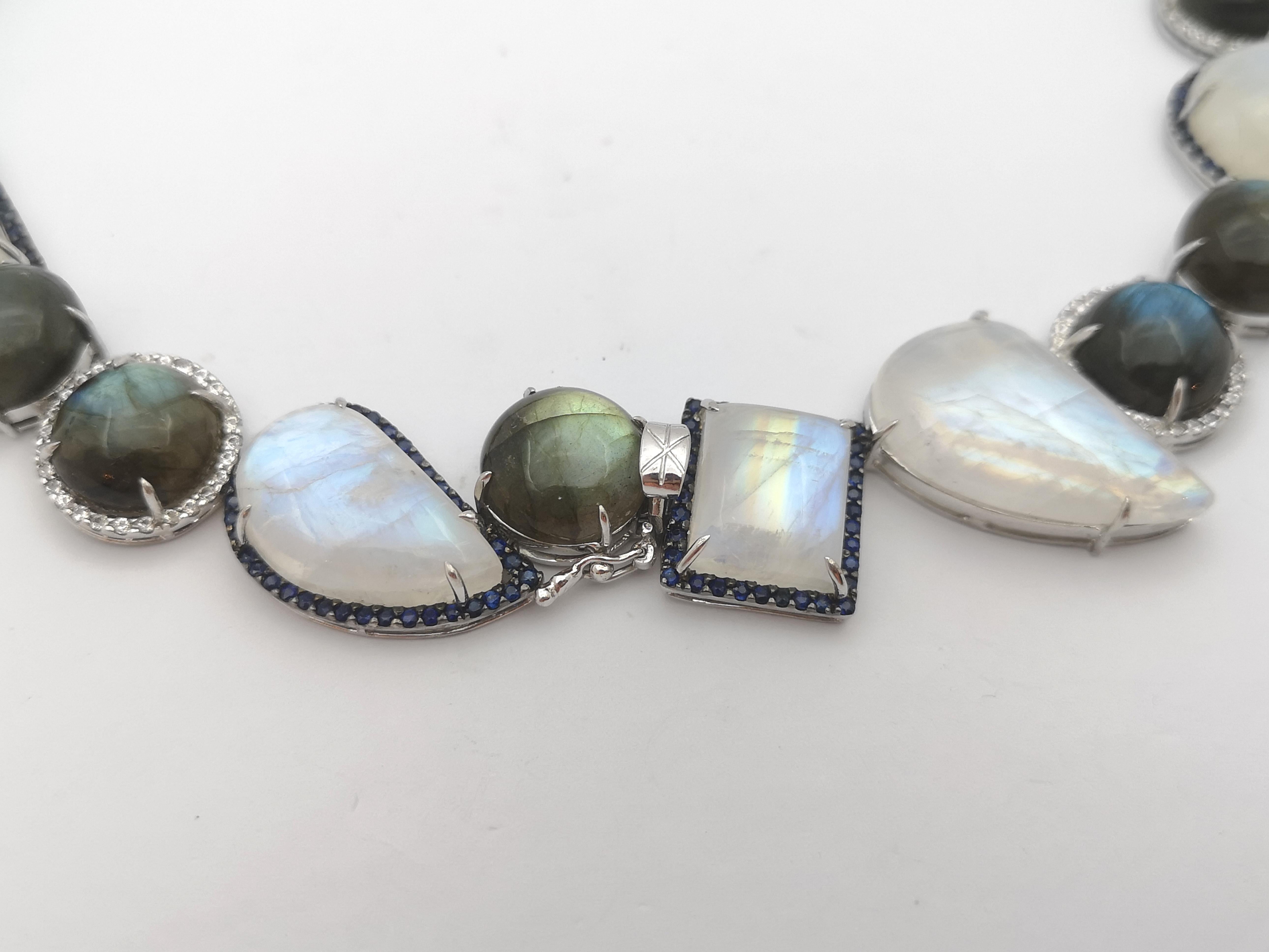 Moonstone , Labradorite, Blue Sapphire and White Sapphire Necklace set in Silver For Sale 1