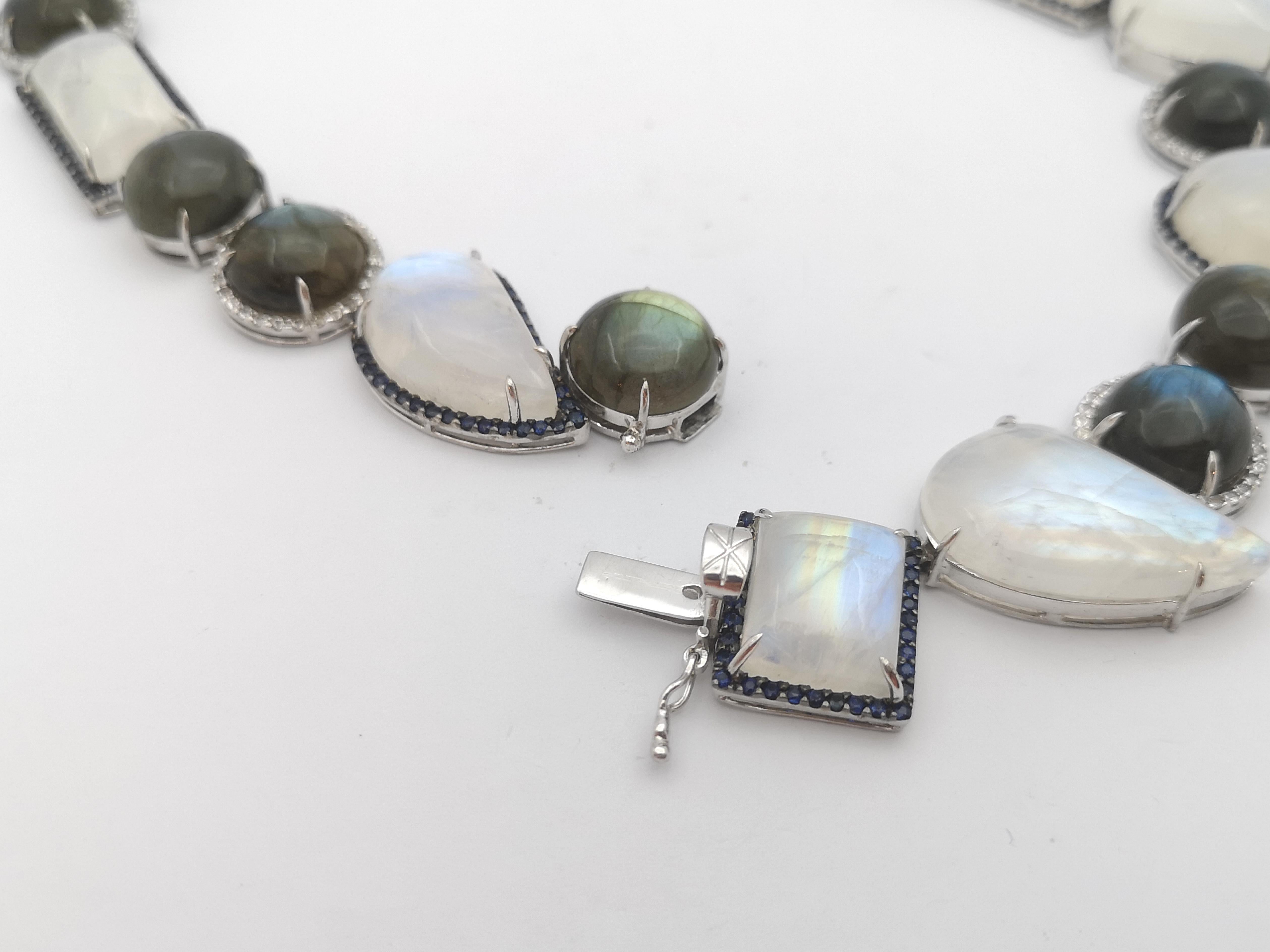Moonstone , Labradorite, Blue Sapphire and White Sapphire Necklace set in Silver For Sale 2