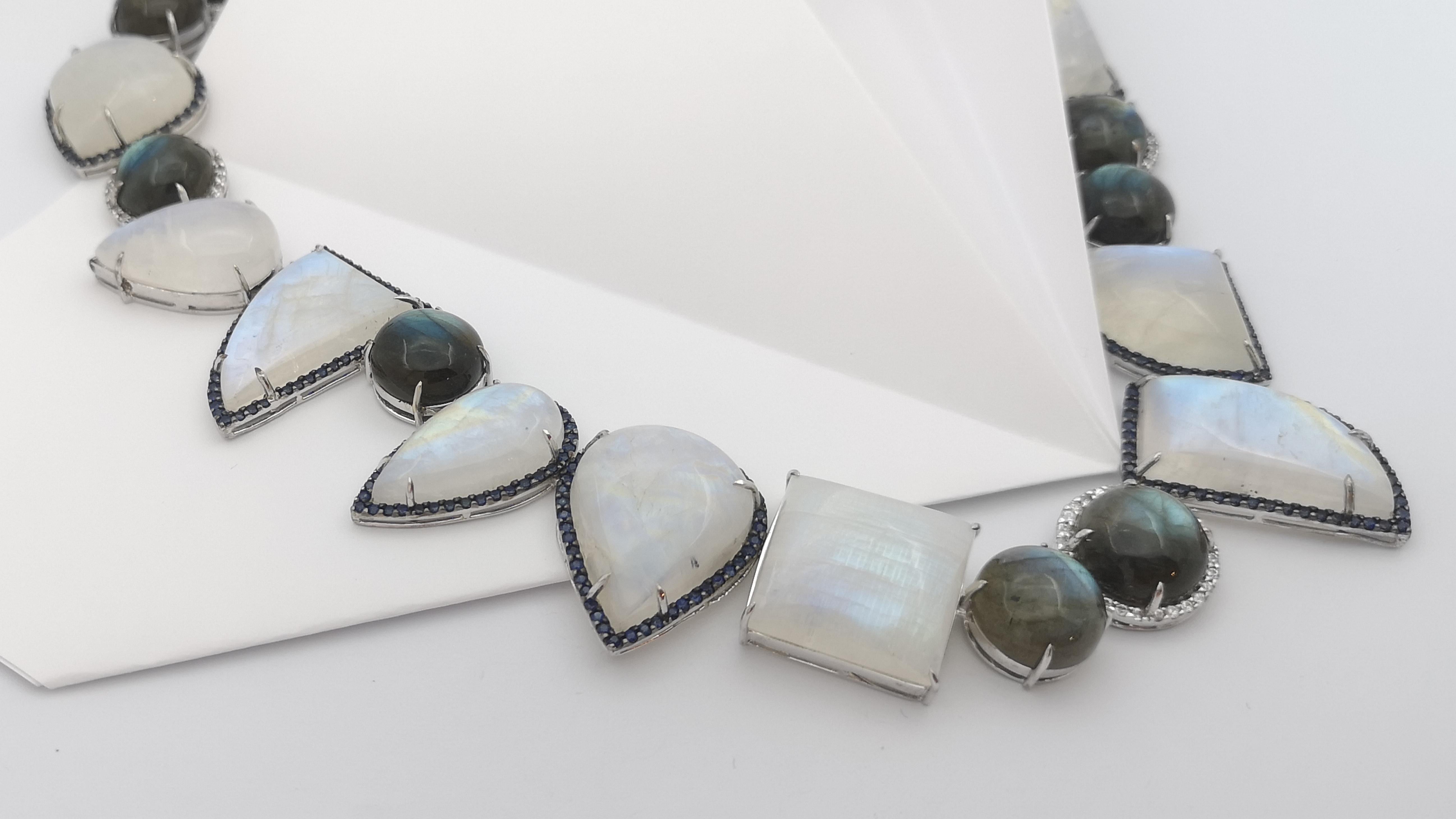 Moonstone , Labradorite, Blue Sapphire and White Sapphire Necklace set in Silver For Sale 3