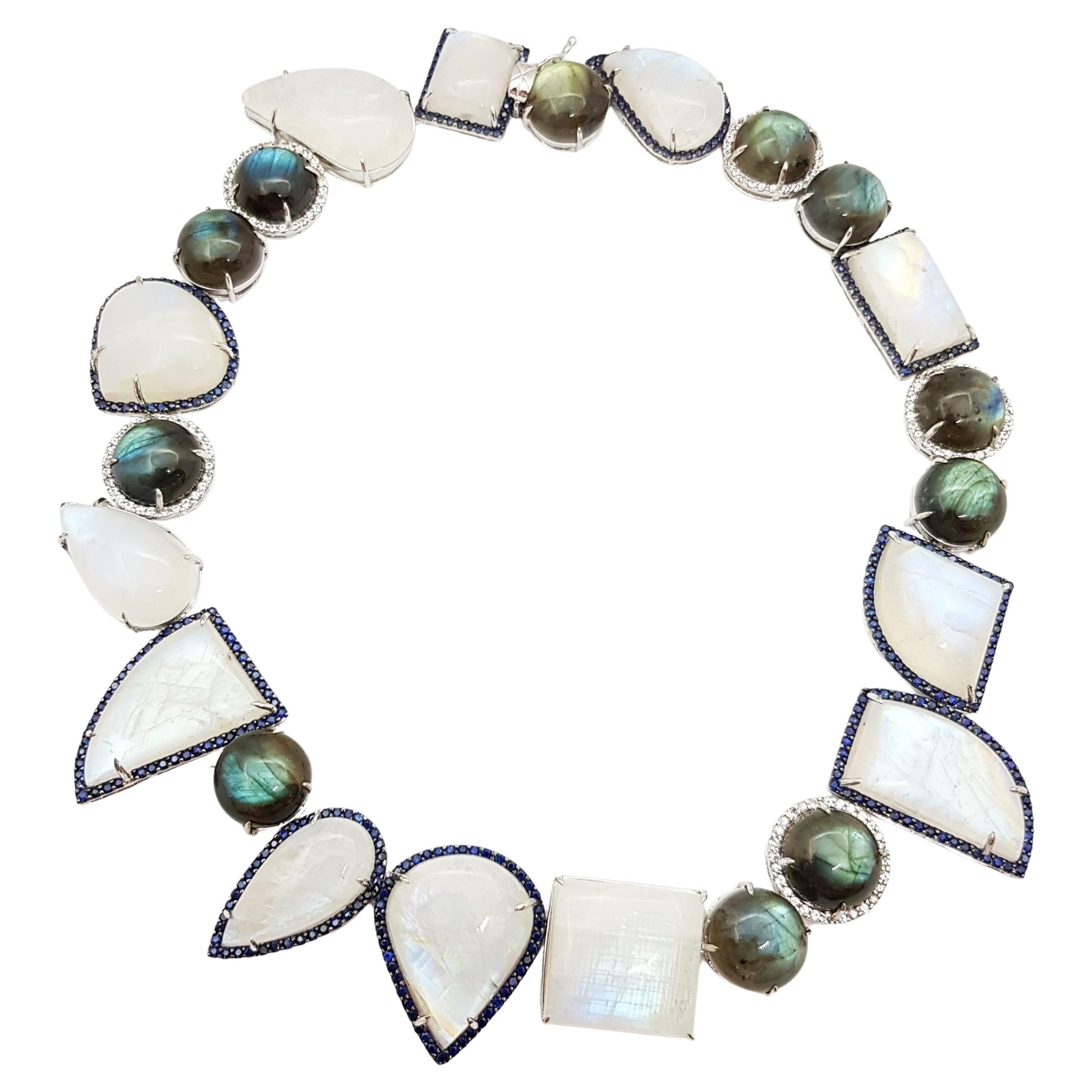 Moonstone , Labradorite, Blue Sapphire and White Sapphire Necklace set in Silver For Sale