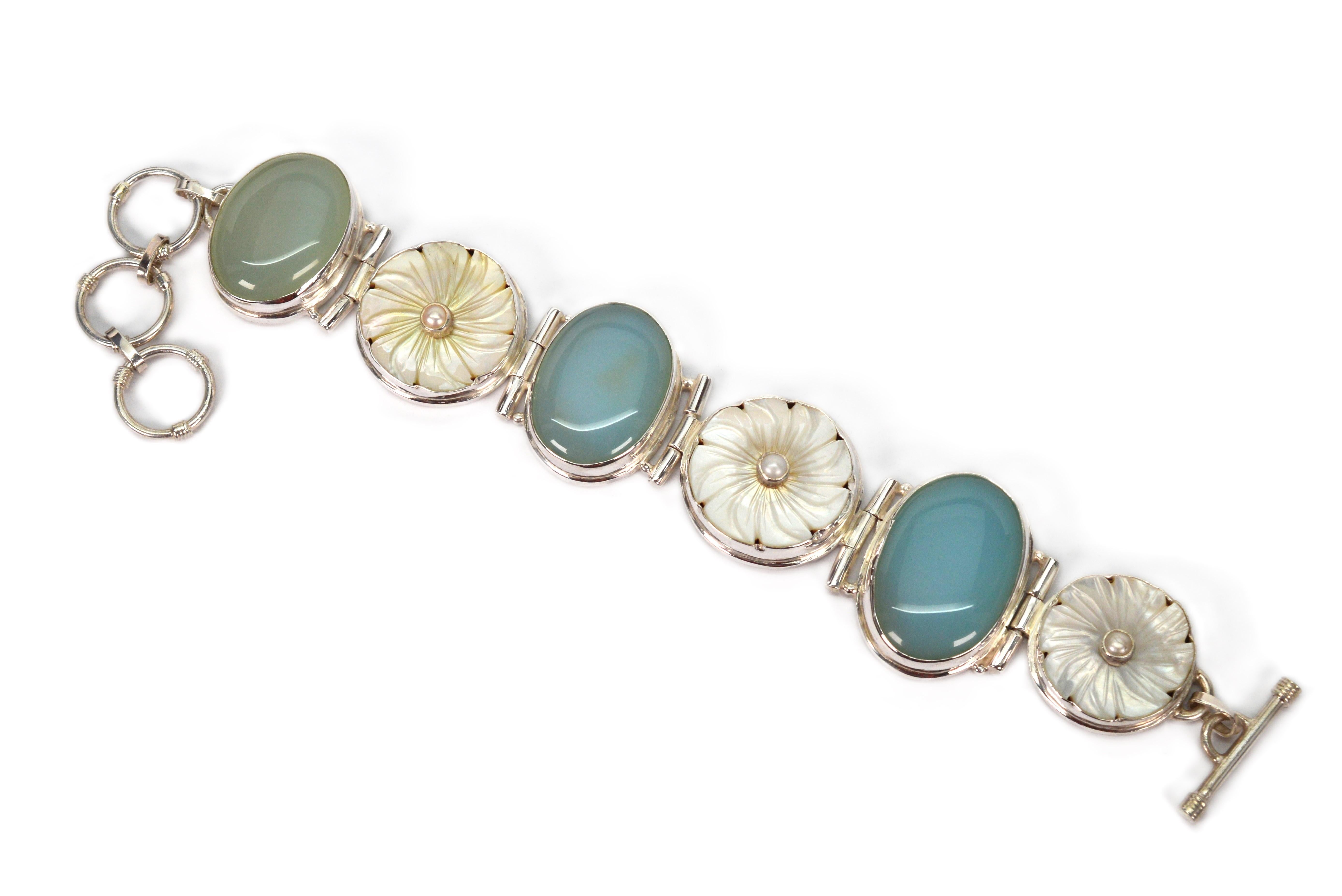 Round Cut Moonstone Mother of Pearl Sterling Silver Link Vintage Bracelet