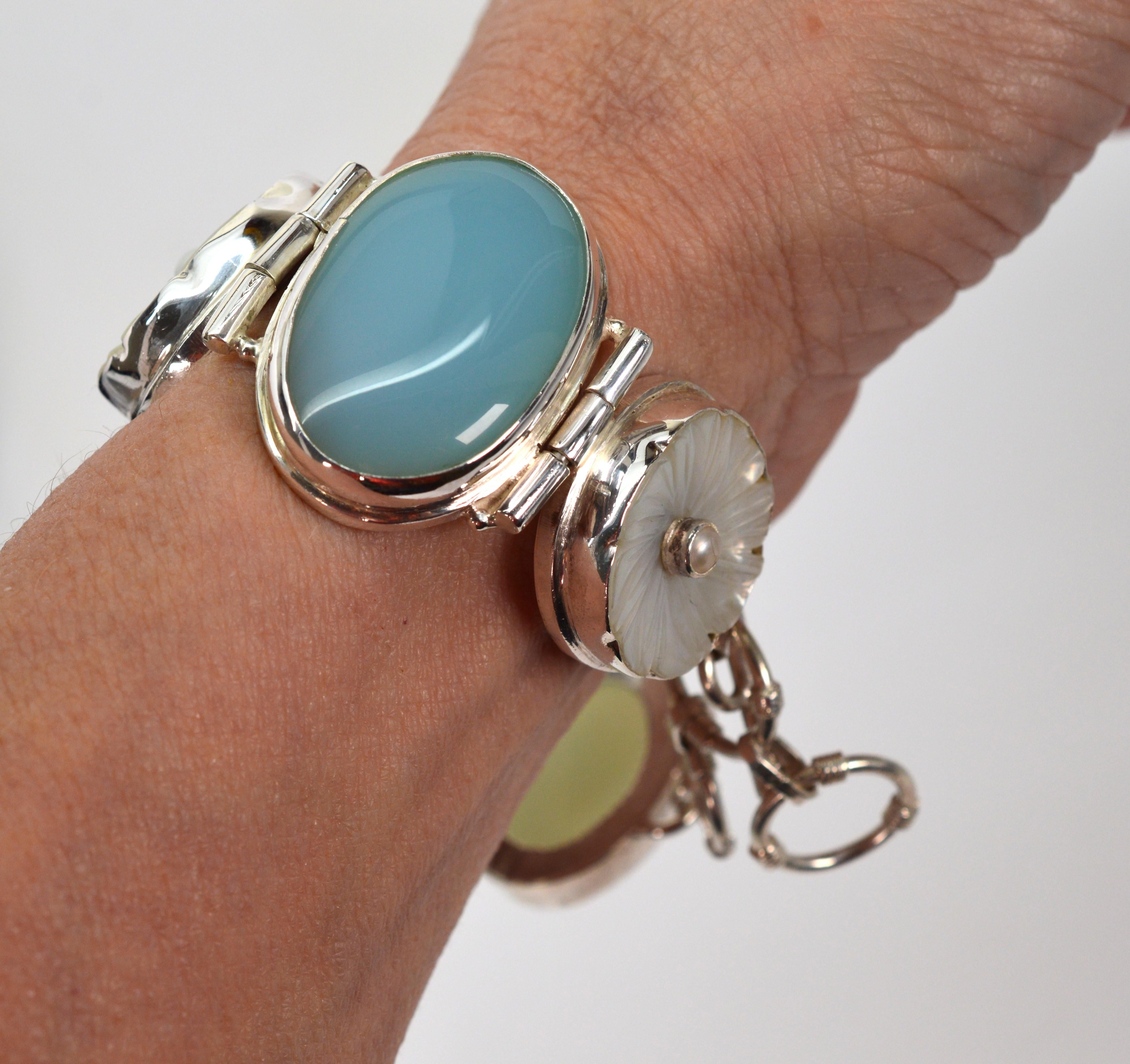 Women's Moonstone Mother of Pearl Sterling Silver Link Vintage Bracelet