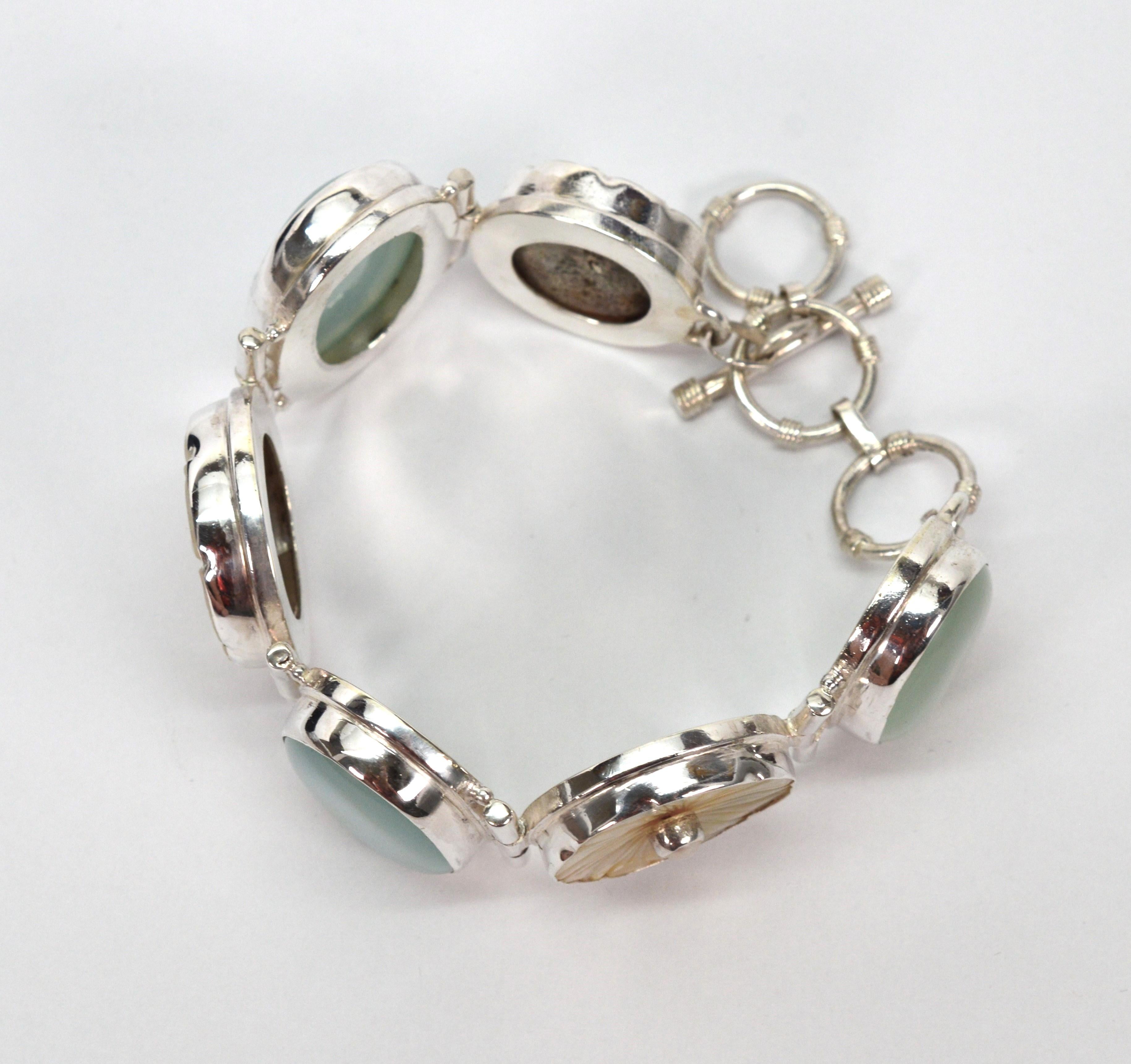 Moonstone Mother of Pearl Sterling Silver Link Vintage Bracelet 1