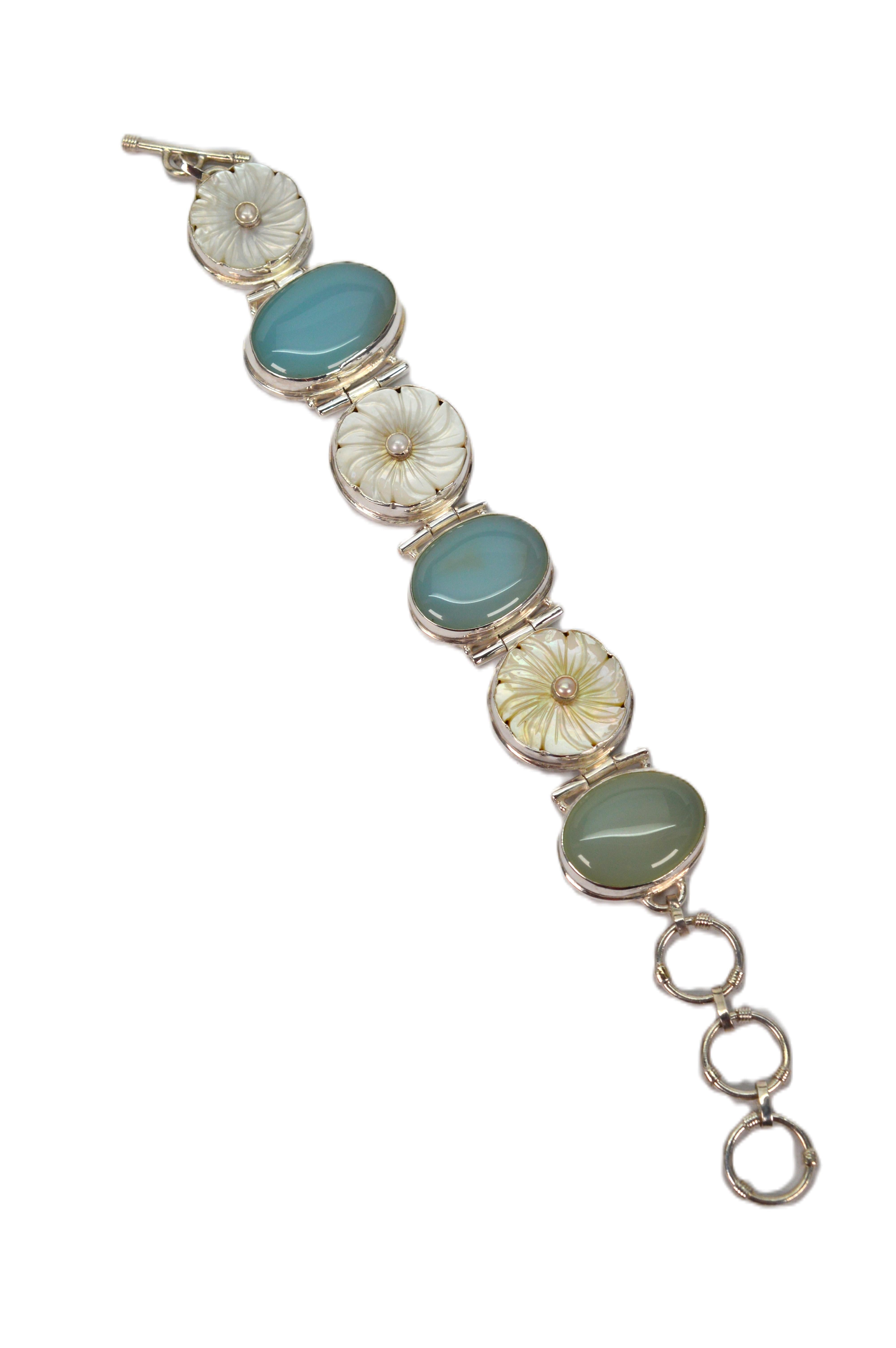 Moonstone Mother of Pearl Sterling Silver Link Vintage Bracelet 2