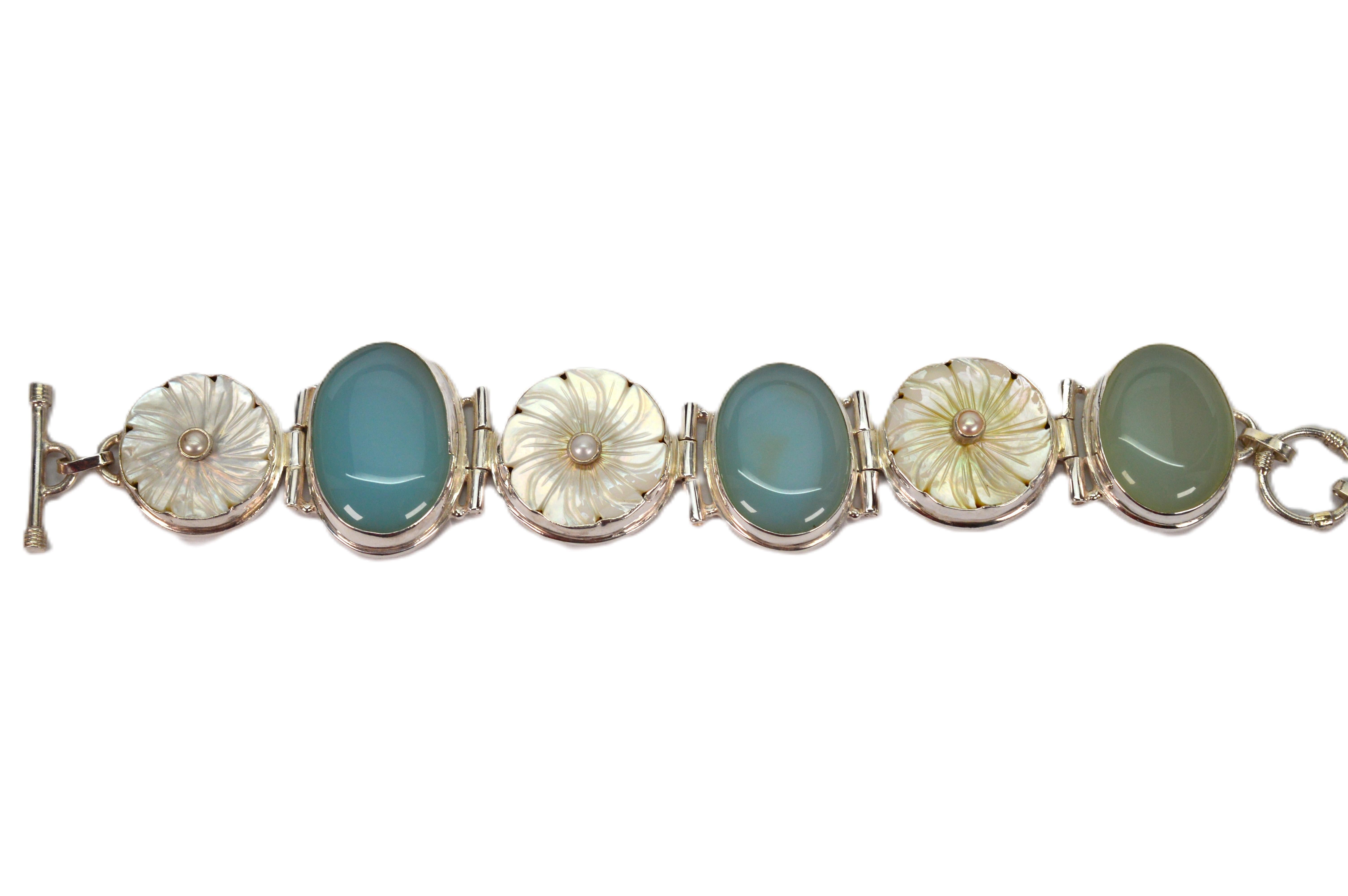 Moonstone Mother of Pearl Sterling Silver Link Vintage Bracelet 3