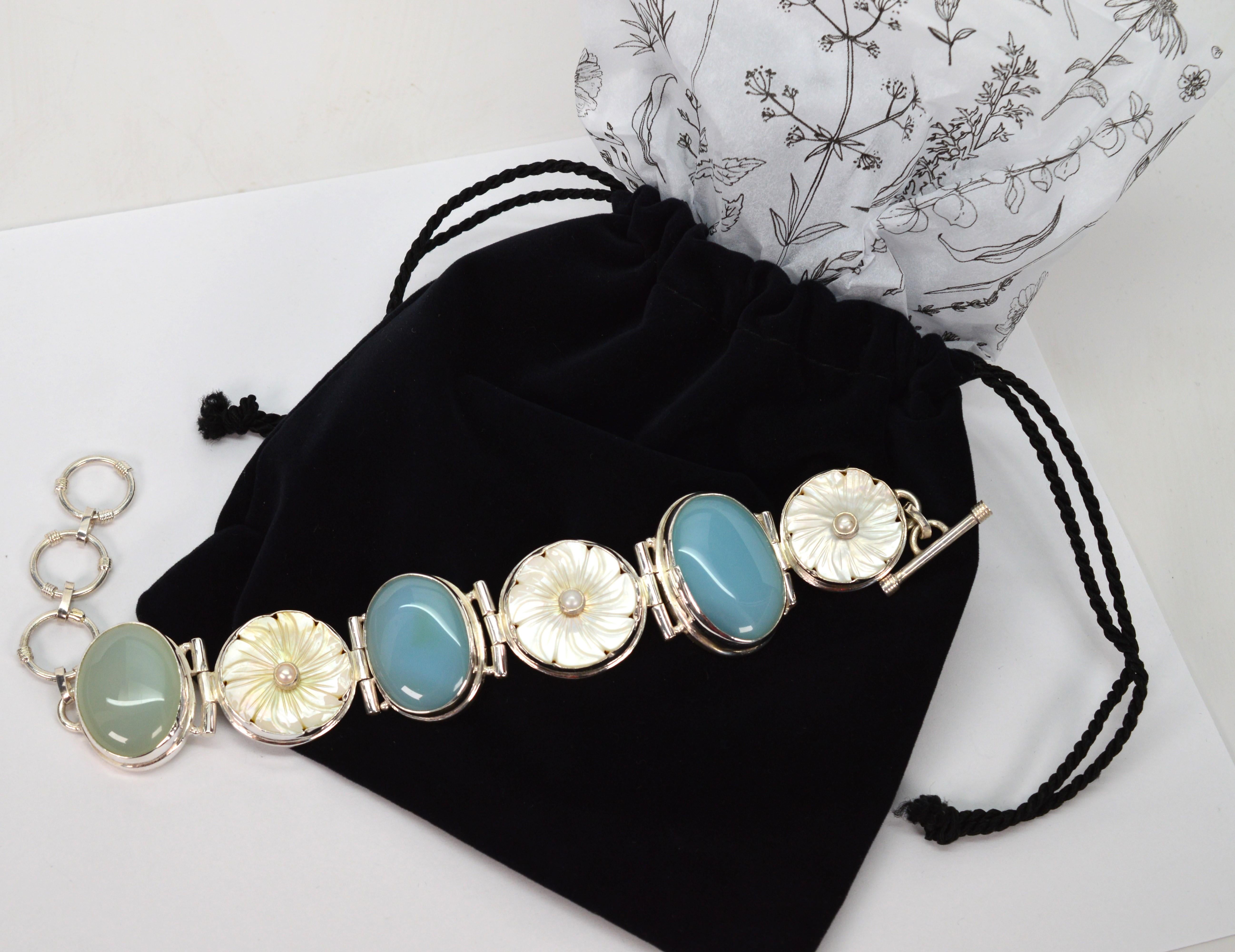 Moonstone Mother of Pearl Sterling Silver Link Vintage Bracelet 4