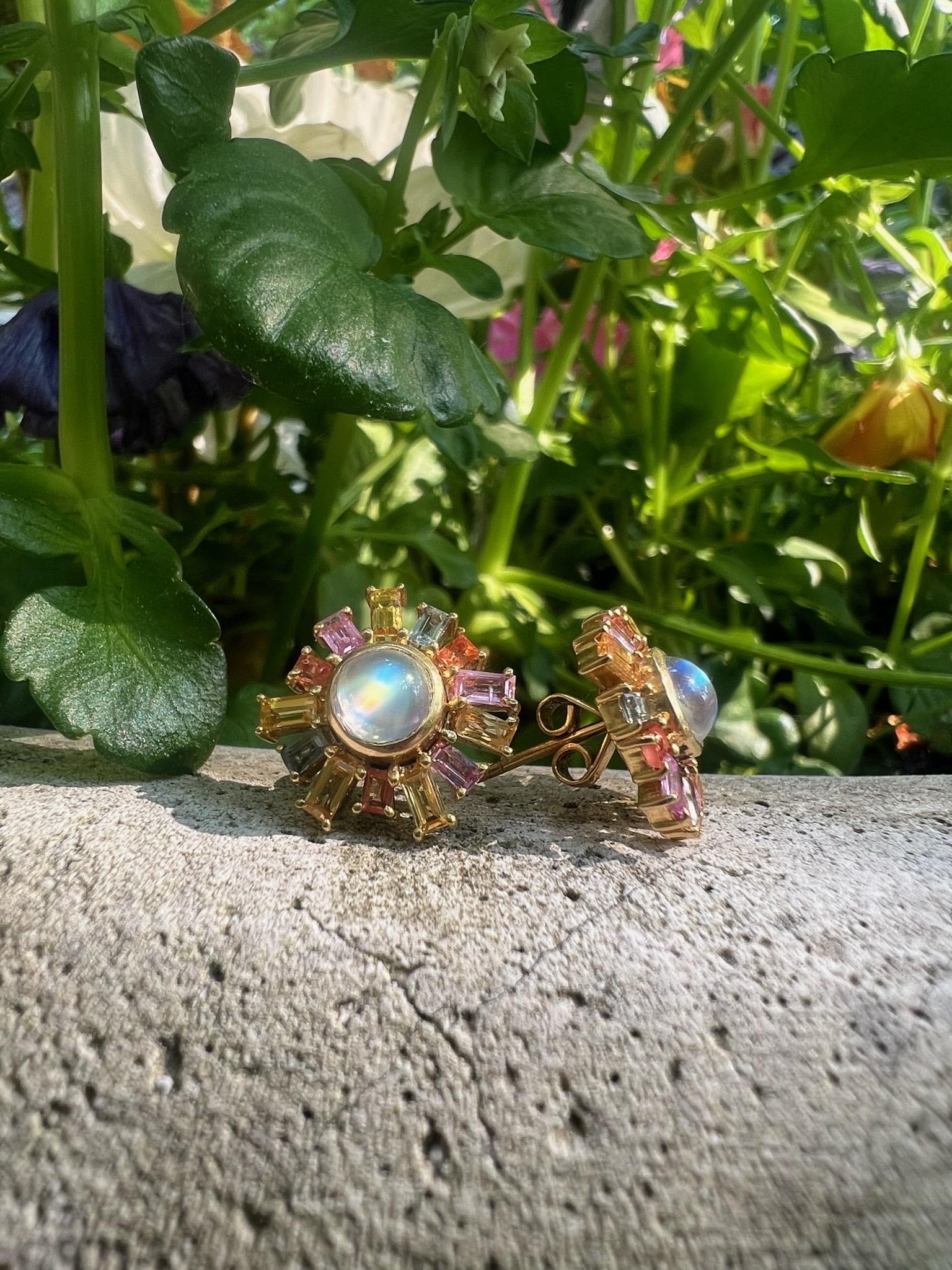 Moonstone, Multicolored Sapphires, 18 Karat Gold Studs by Lauren Harper For Sale 5