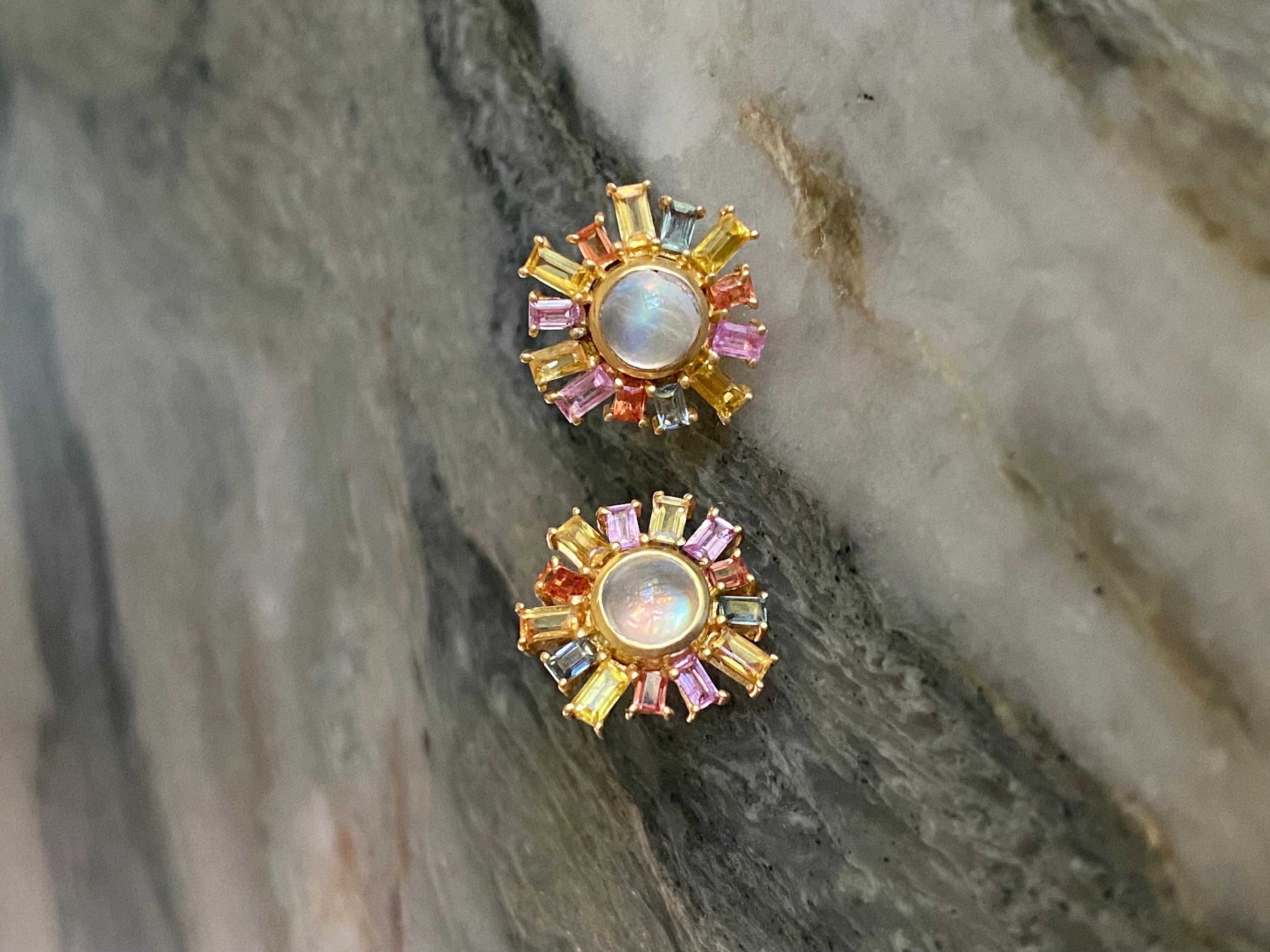 Moonstone, Multicolored Sapphires, 18 Karat Gold Studs by Lauren Harper For Sale 8