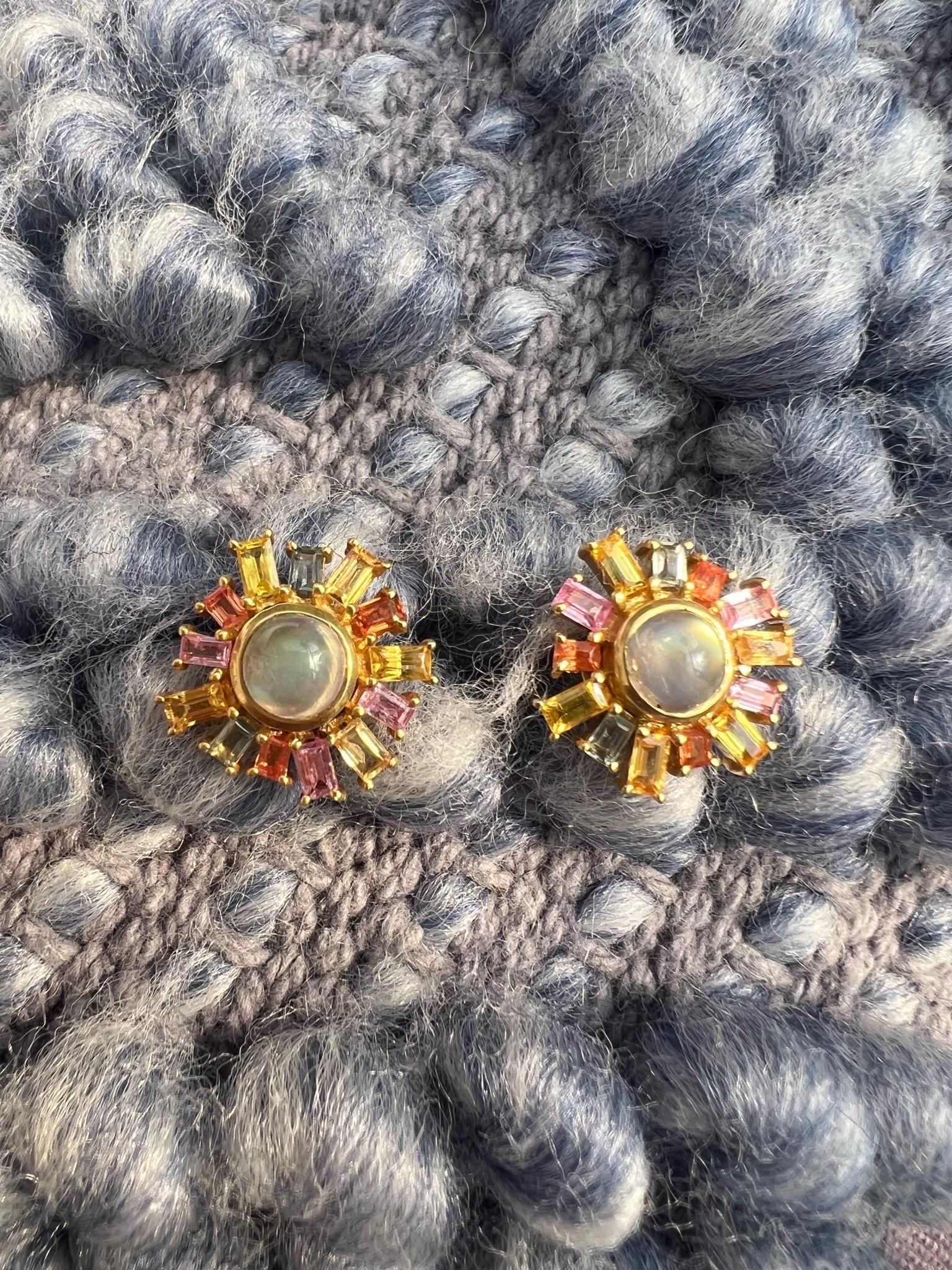 Moonstone, Multicolored Sapphires, 18 Karat Gold Studs by Lauren Harper For Sale 2