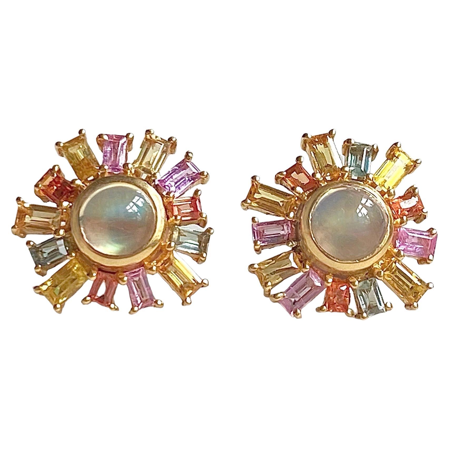 Moonstone, Multicolored Sapphires, 18 Karat Gold Studs by Lauren Harper For Sale