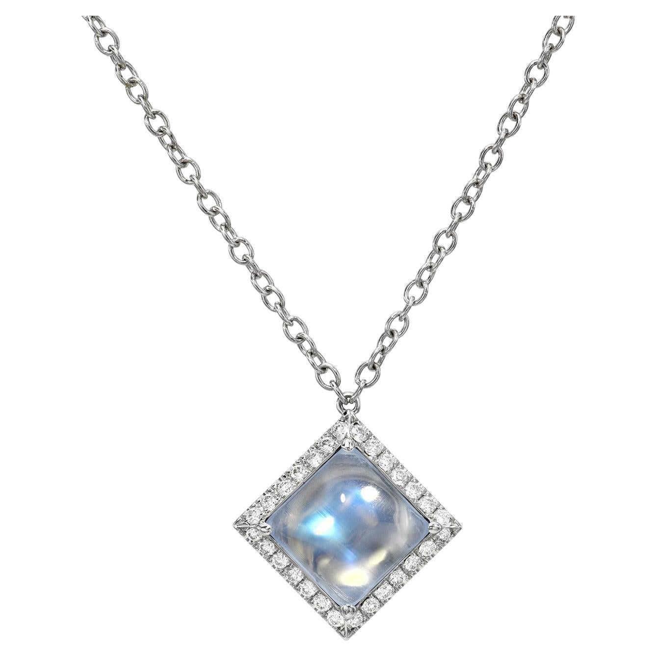 Atemberaubende Halskette aus 14 Karat Weißgold mit Mondstein und Diamanten - Best Gift Beverly Hills im Angebot