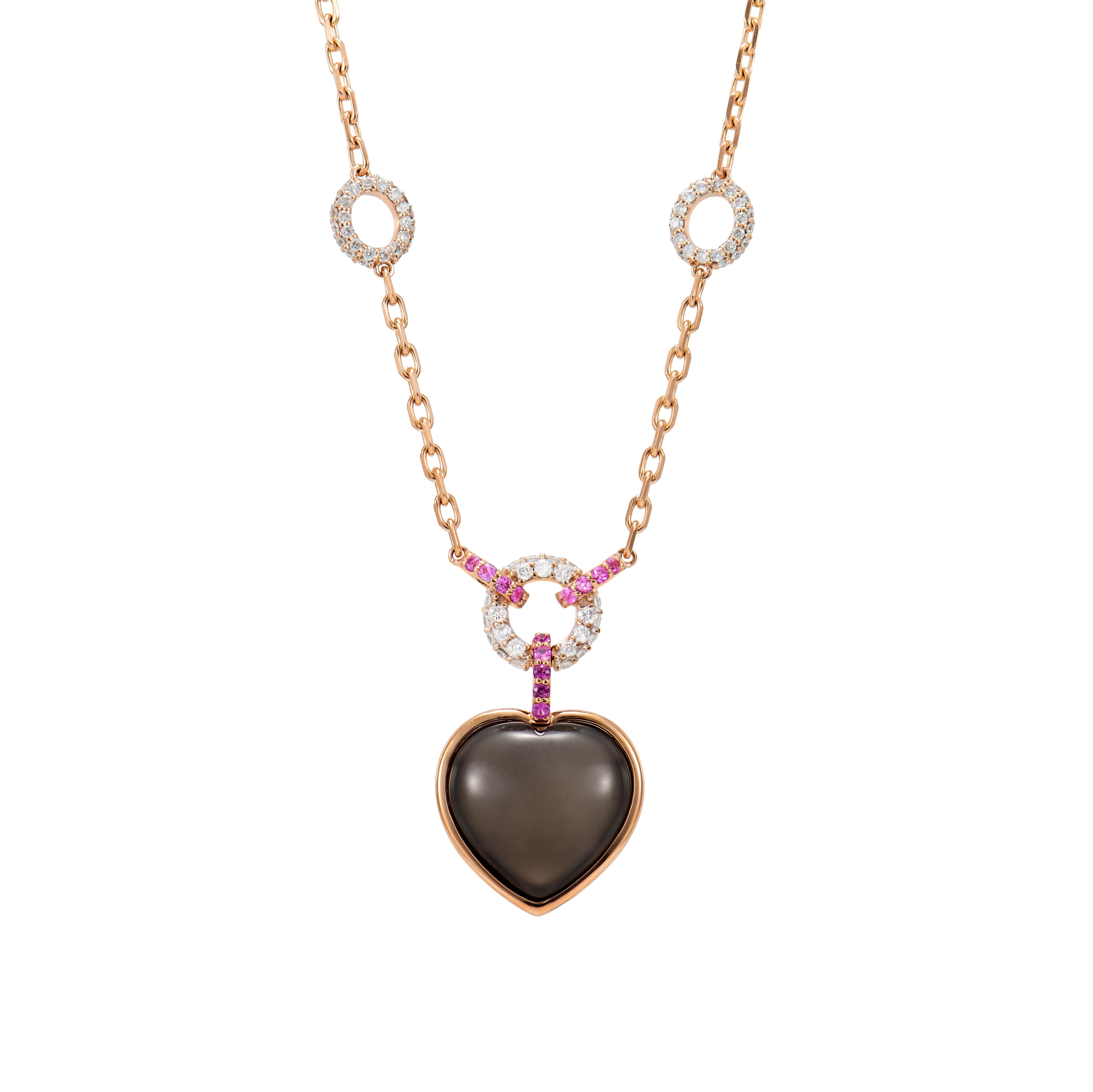 Heart Cut Moonstone Necklace in 18 Karat Rose Gold with Sapphire and Diamond For Sale