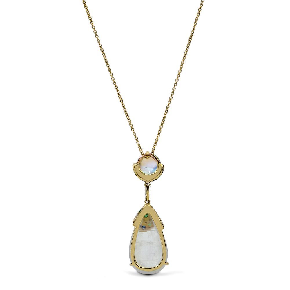 Cabochon Moonstone Necklace with Sapphires, Tsavorites and Diamonds, 18 Karat Yellow Gold