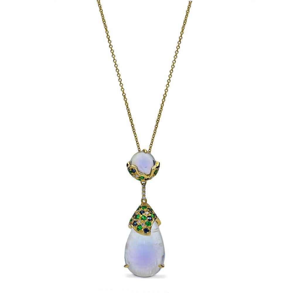 Moonstone Necklace with Sapphires, Tsavorites and Diamonds, 18 Karat Yellow Gold In New Condition In New York, NY