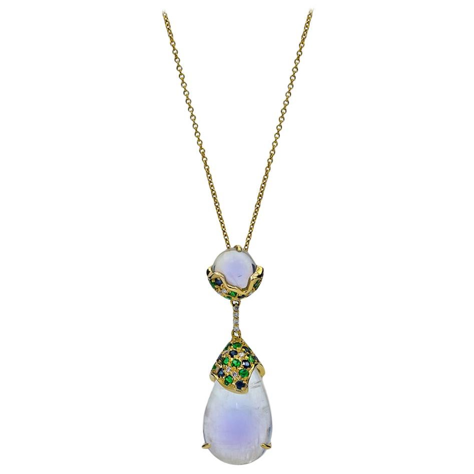 Moonstone Necklace with Sapphires, Tsavorites and Diamonds, 18 Karat Yellow Gold
